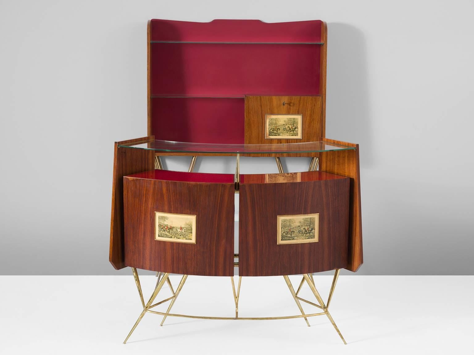 Dry bar, in rosewood, glass and metal, Italy, 1950. 

Elegant and complete bar-cabinet. This ensemble consist of one high wall-console and one curved serving cabinet. These elements are decorated with traditional Hunting-scenes. Beautiful geometric