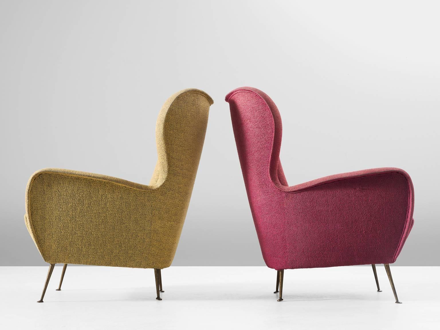 Mid-20th Century Pair of Italian Red and Yellow Wingback Lounge Chairs