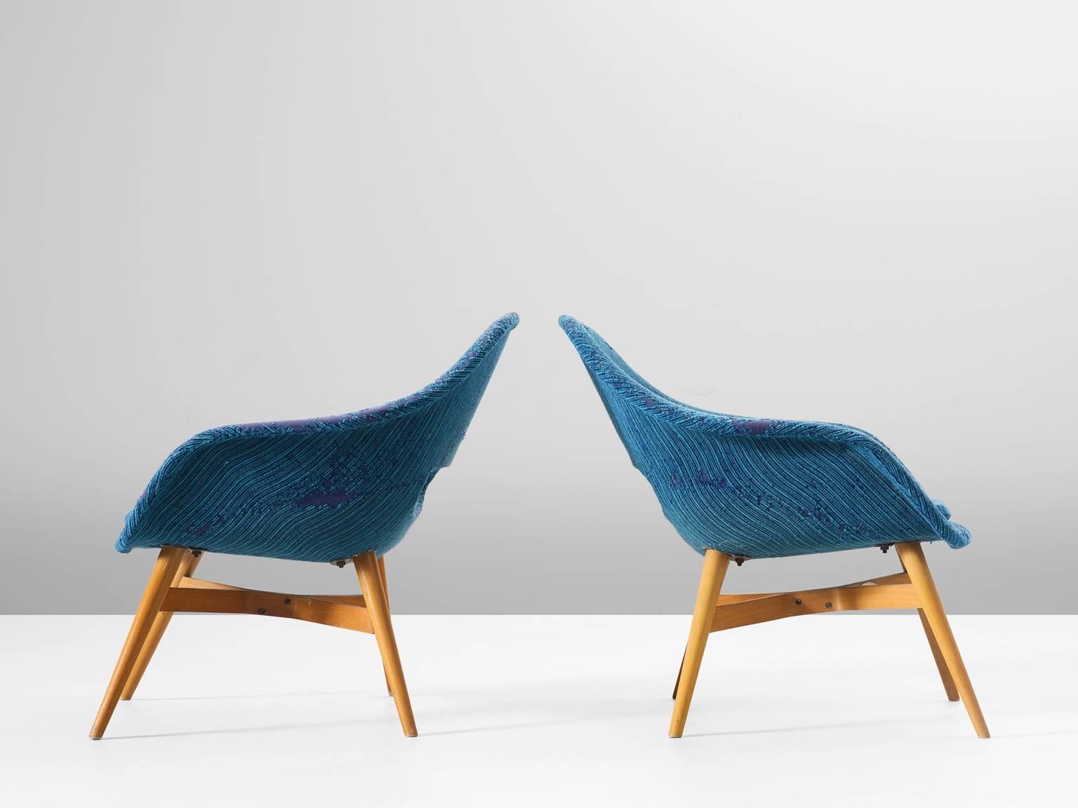 Czech Pair of Easy Chairs in Blue Upholstery