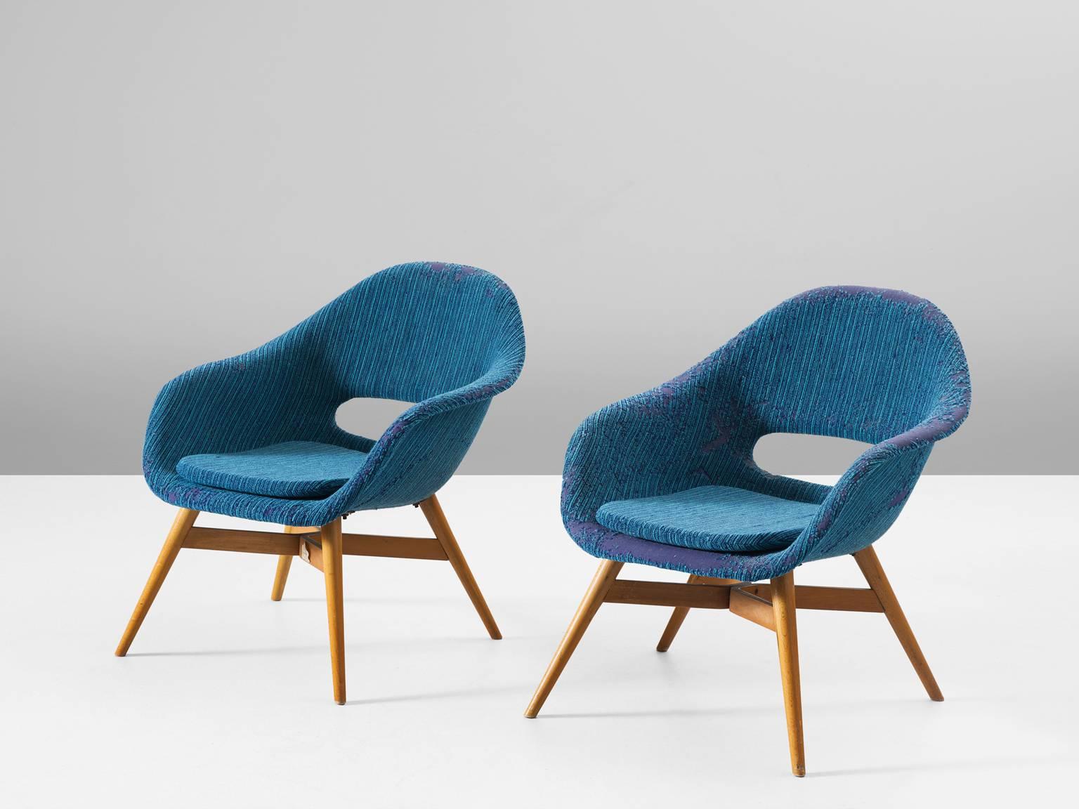 Mid-Century Modern Pair of Easy Chairs in Blue Upholstery