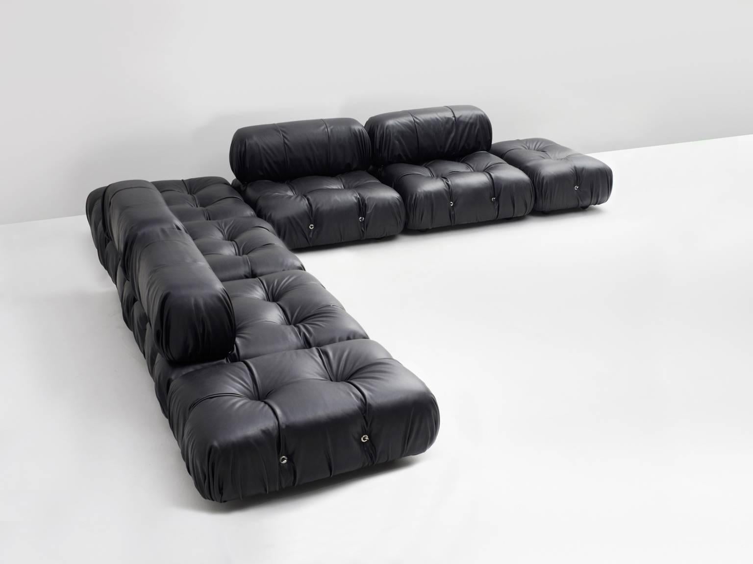 Large modular 'Cameleonda' sofa, in black leather upholstery, by Mario Bellini for C&B Italia, Italy 1972. 

The sectional elements this sofa was made with, can be used freely and apart from one another. The backs and armrests are provided with