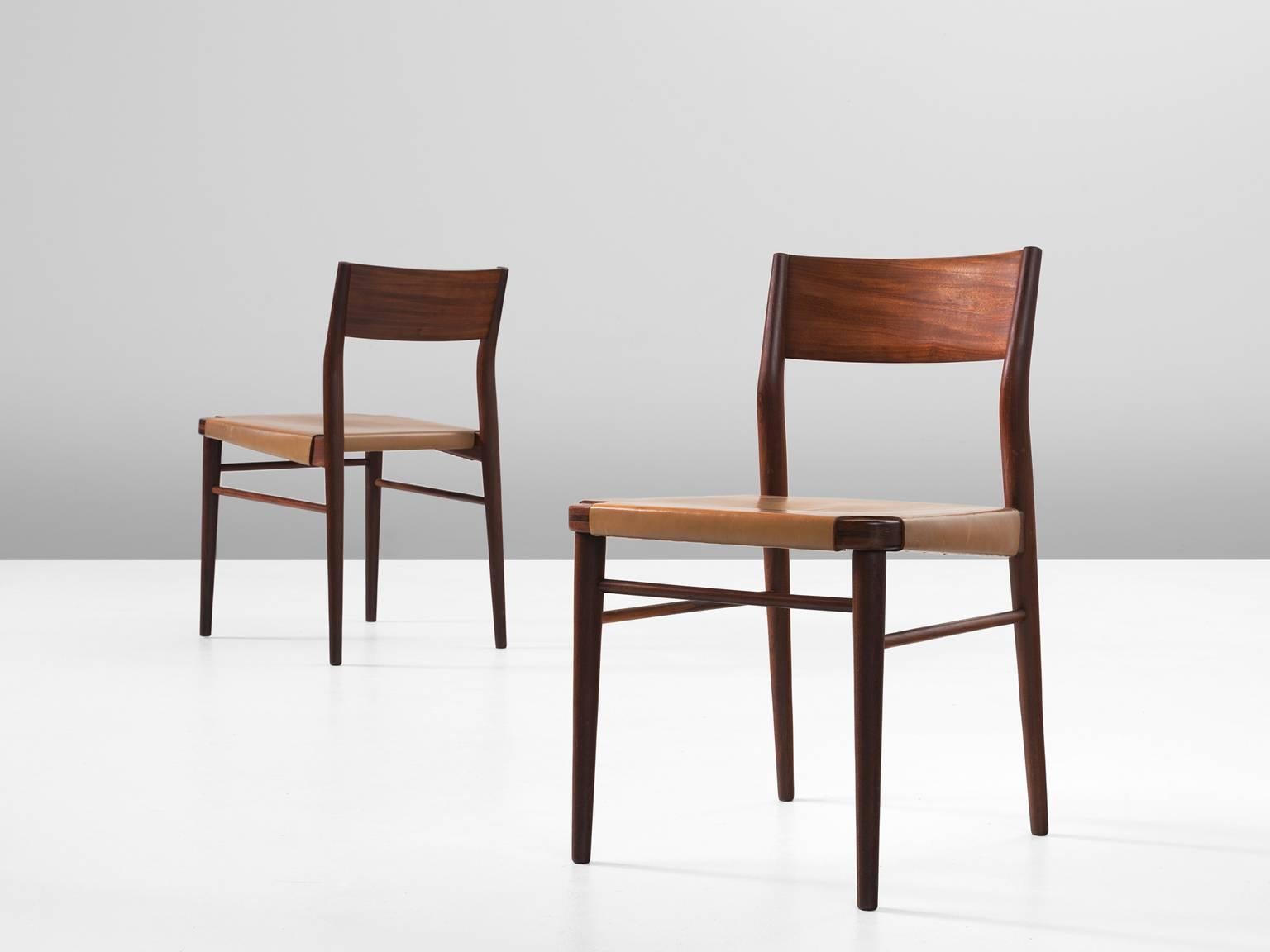 Mid-20th Century Set of Six Italian Dining Chairs in Mahogany and Natural Leather