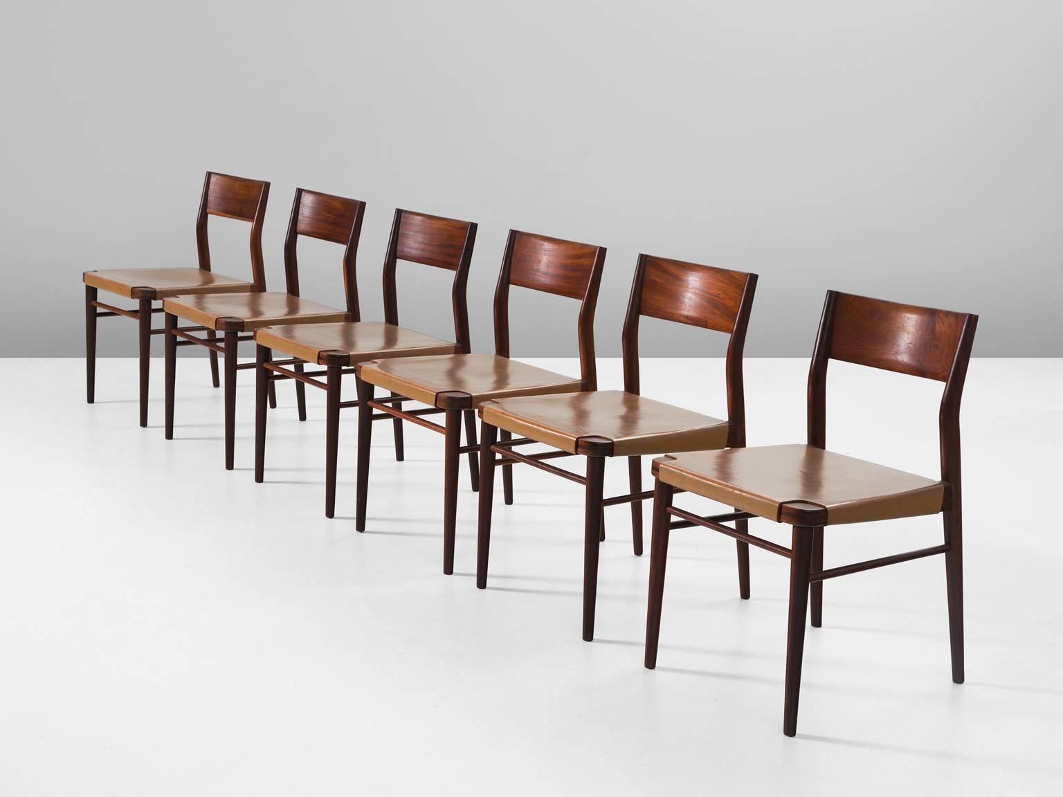 Mid-Century Modern Set of Six Italian Dining Chairs in Mahogany and Natural Leather