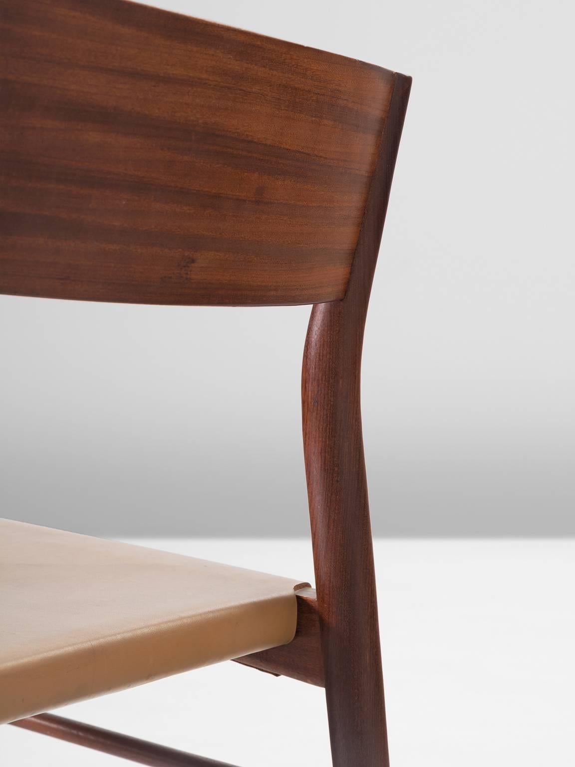 Set of Six Italian Dining Chairs in Mahogany and Natural Leather 2