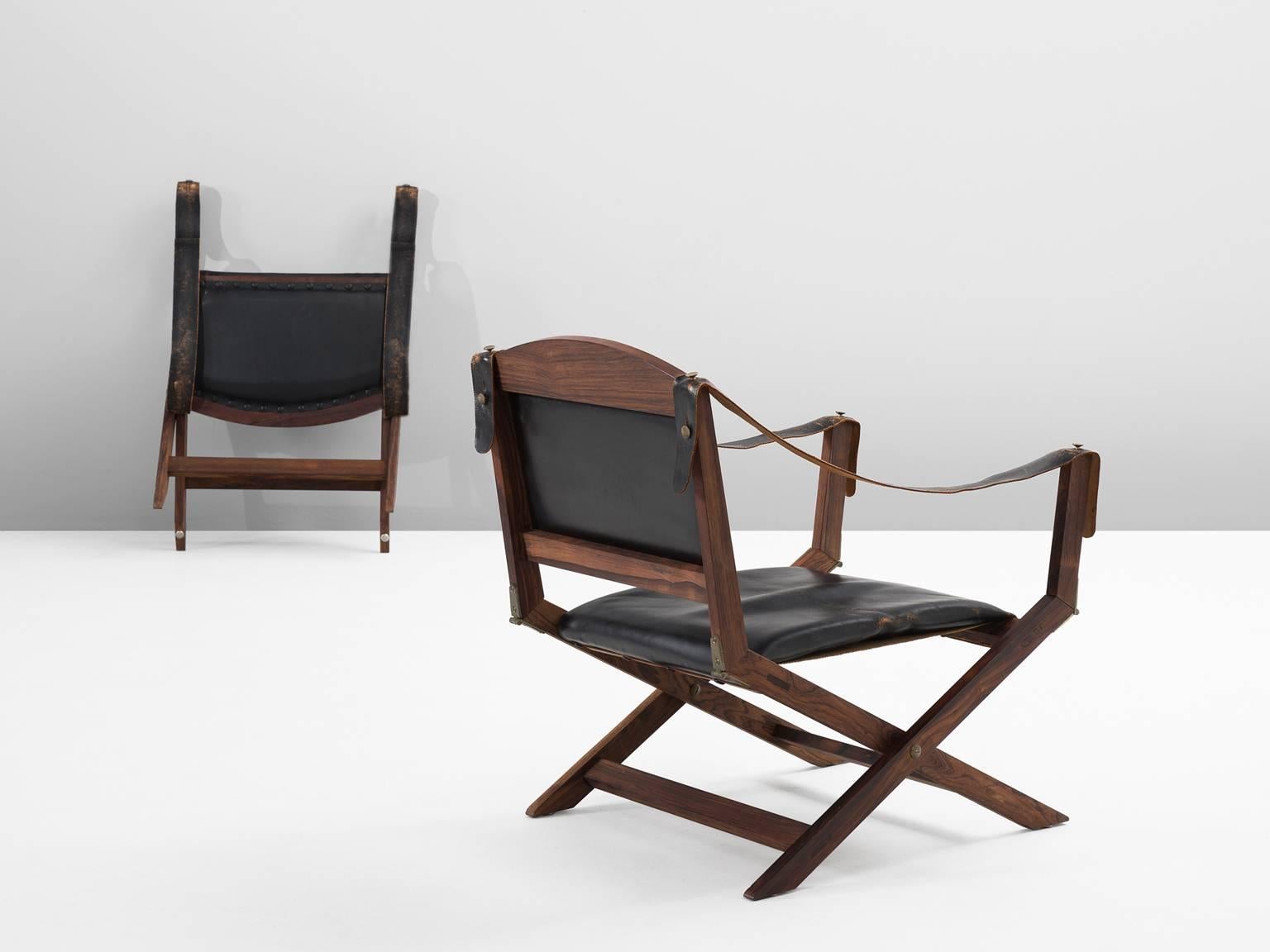 Scandinavian Modern Set of Two Safari X-chairs in Black Leather 