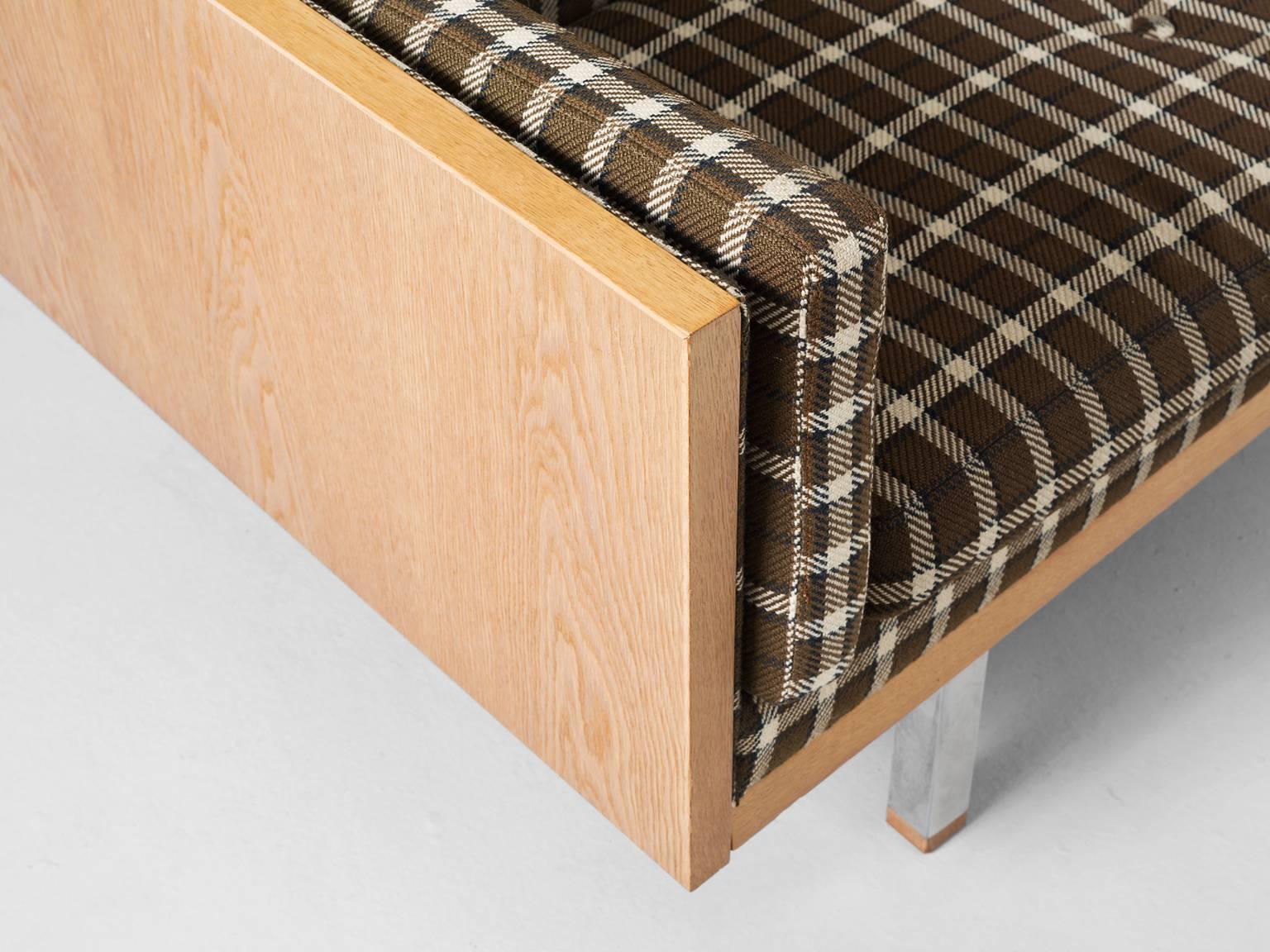 Metal Scandinavian Three-Seat Sofa in Oak and Checkered Upholstery