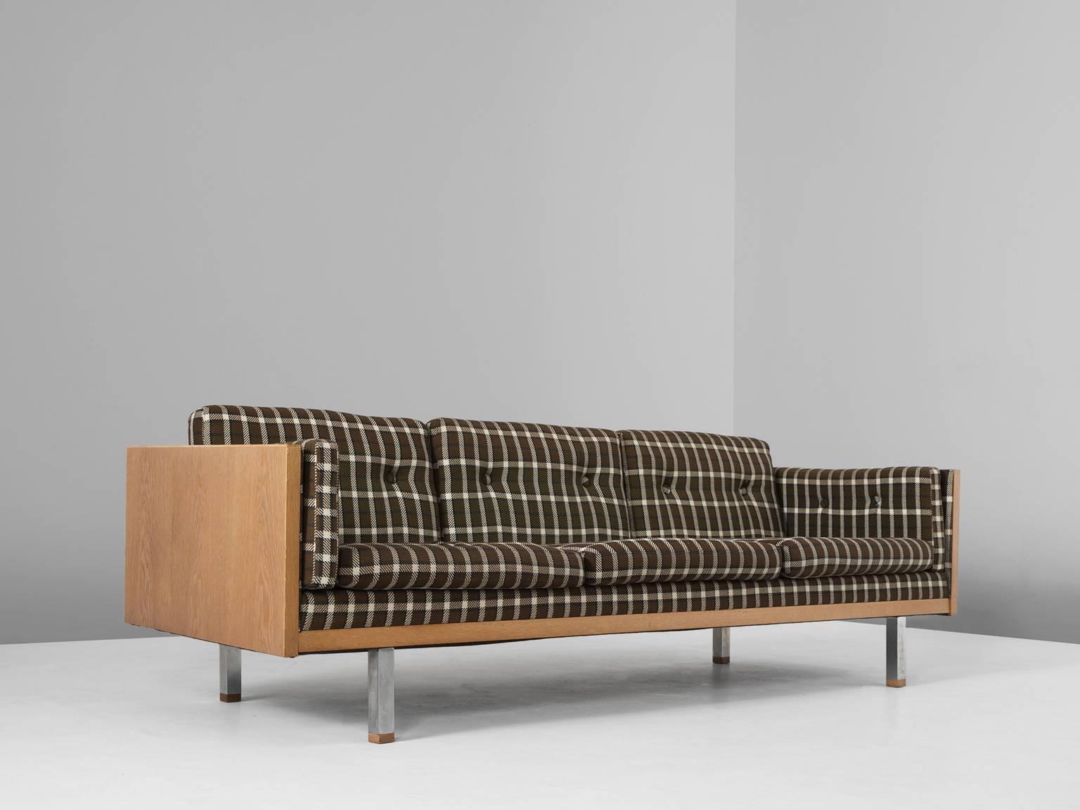 Mid-Century Modern Scandinavian Three-Seat Sofa in Oak and Checkered Upholstery