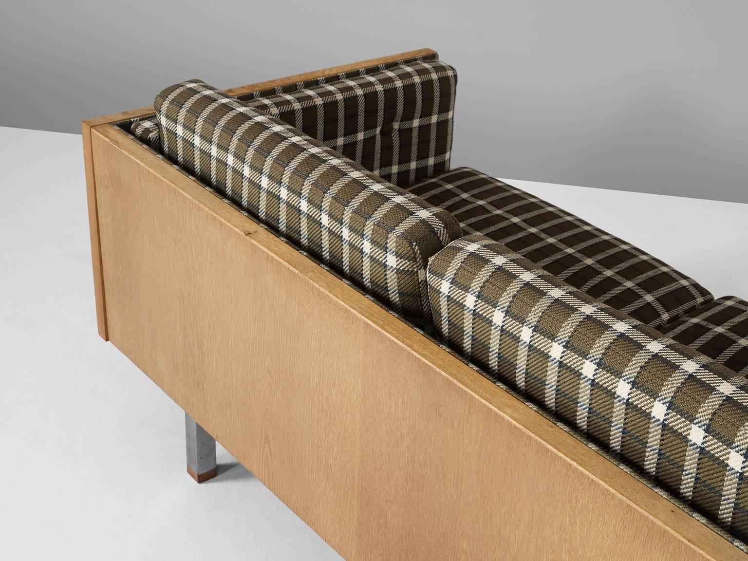 Mid-20th Century Scandinavian Two-Seat Sofa in Oak and Checkered Upholstery