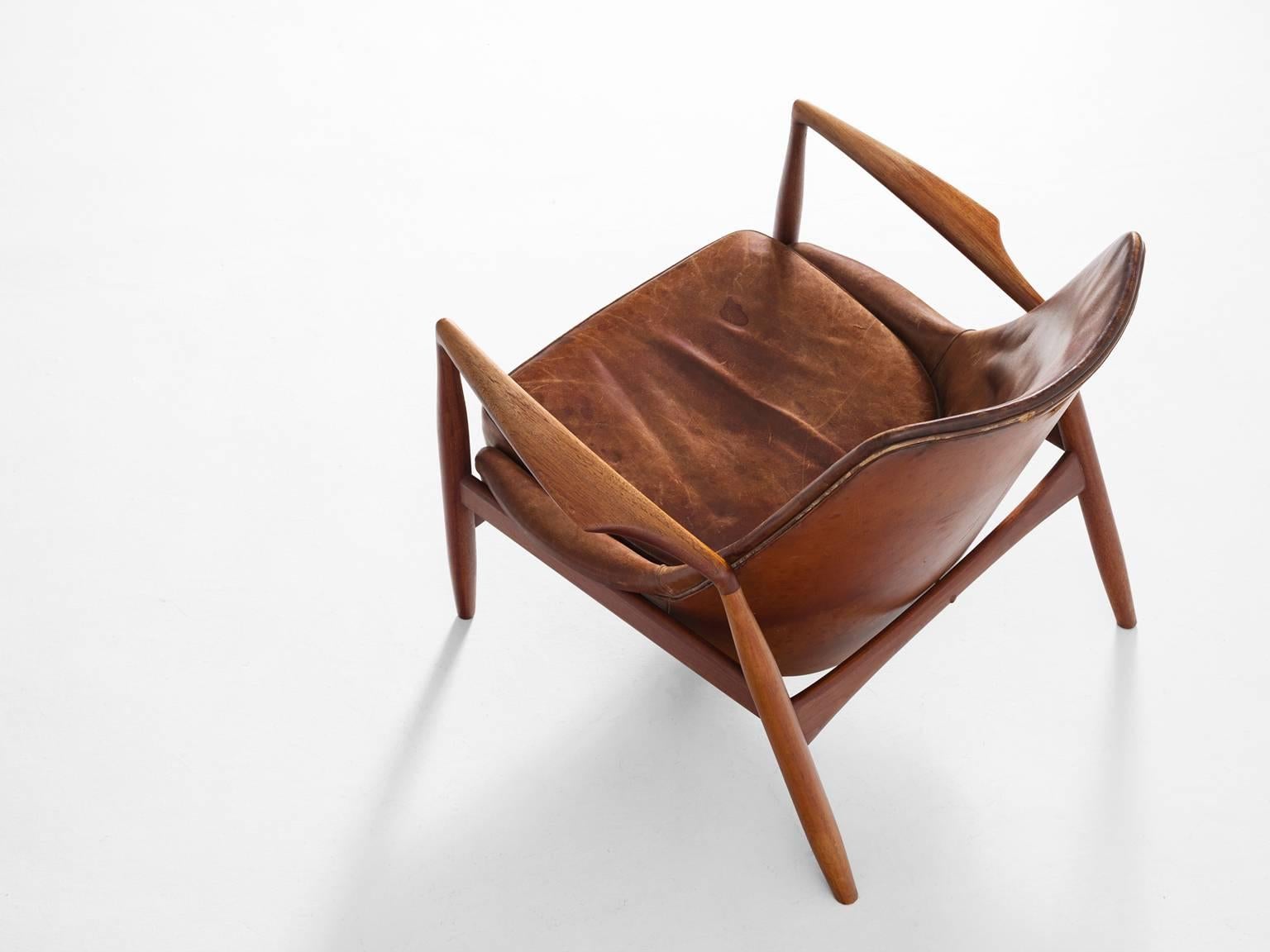 Scandinavian Modern Ib Kofod-Larsen 'Seal' Lounge Chair in Patinated Cognac Leather