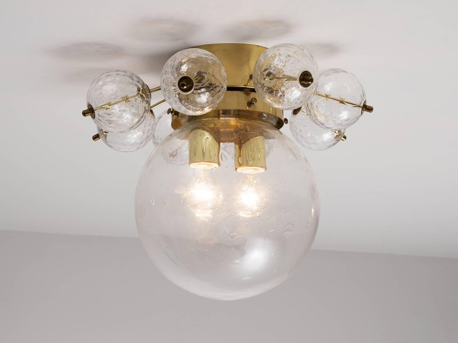 Mid-Century Modern Set of Two Ceiling Lights in Brass and Structured Clear Glass