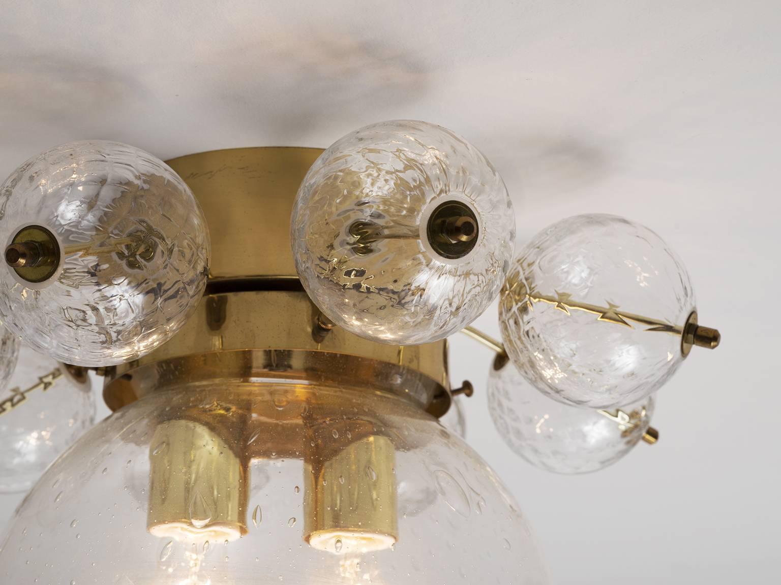European Set of Two Ceiling Lights in Brass and Structured Clear Glass