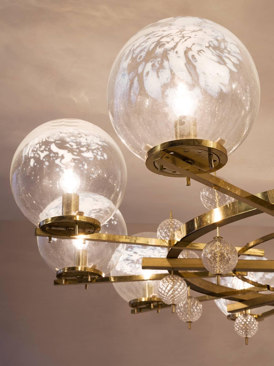 Mid-Century Modern Large 8.5 ft. Chandelier in Brass and Art-Glass Spheres