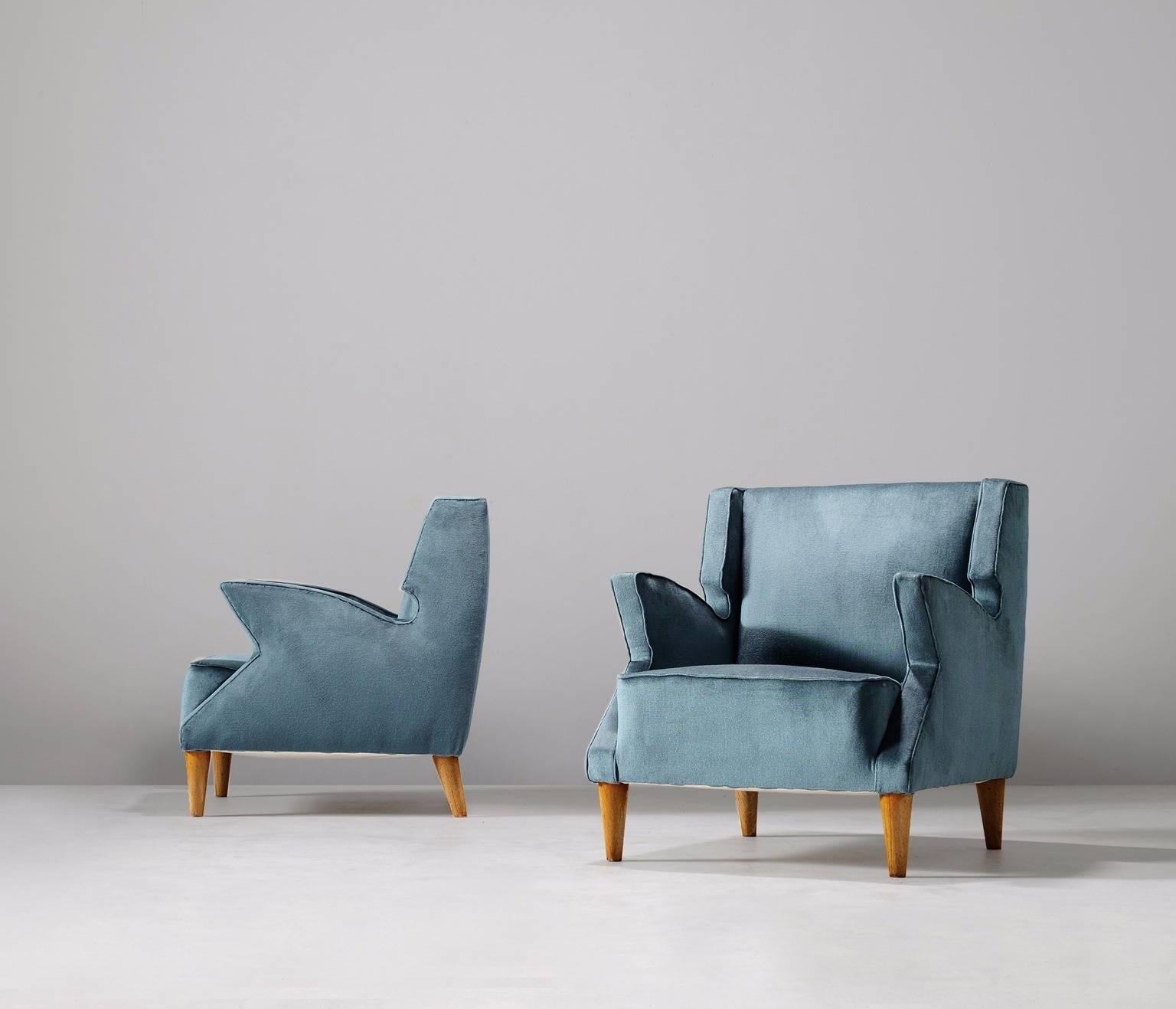 Mid-Century Modern Pair of Blue Upholstered Italian Armchairs