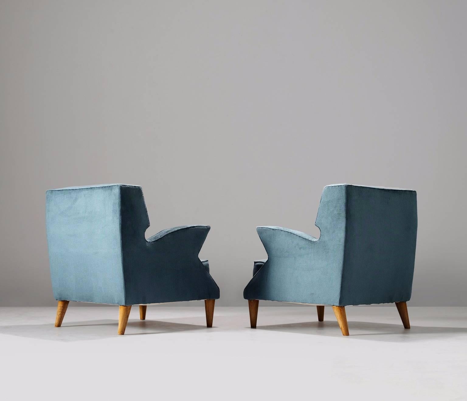 Pair of Blue Upholstered Italian Armchairs In Excellent Condition In Waalwijk, NL