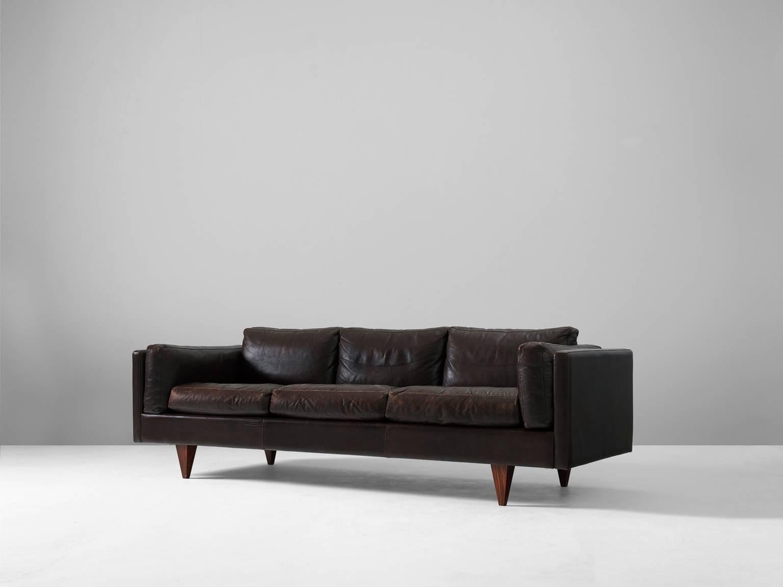 Scandinavian Modern Illum Wikkelsø Brown Leather Three-Seat Sofa