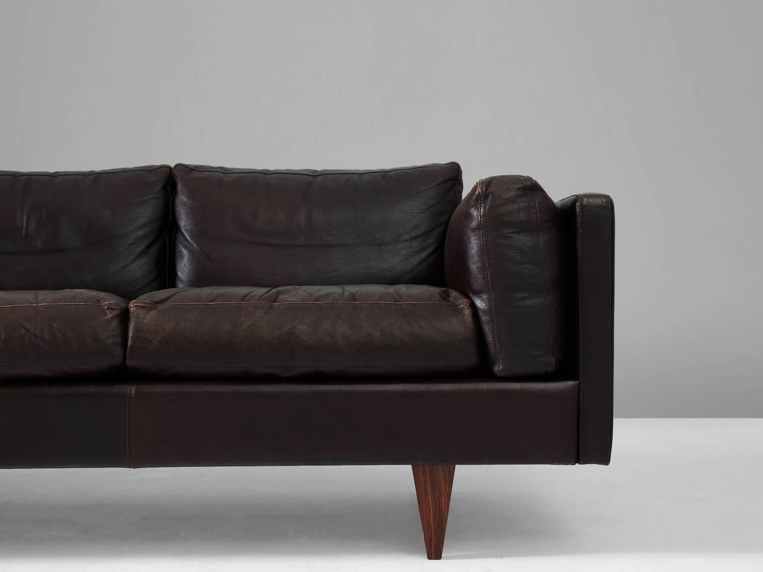 Illum Wikkelsø Brown Leather Three-Seat Sofa In Good Condition In Waalwijk, NL