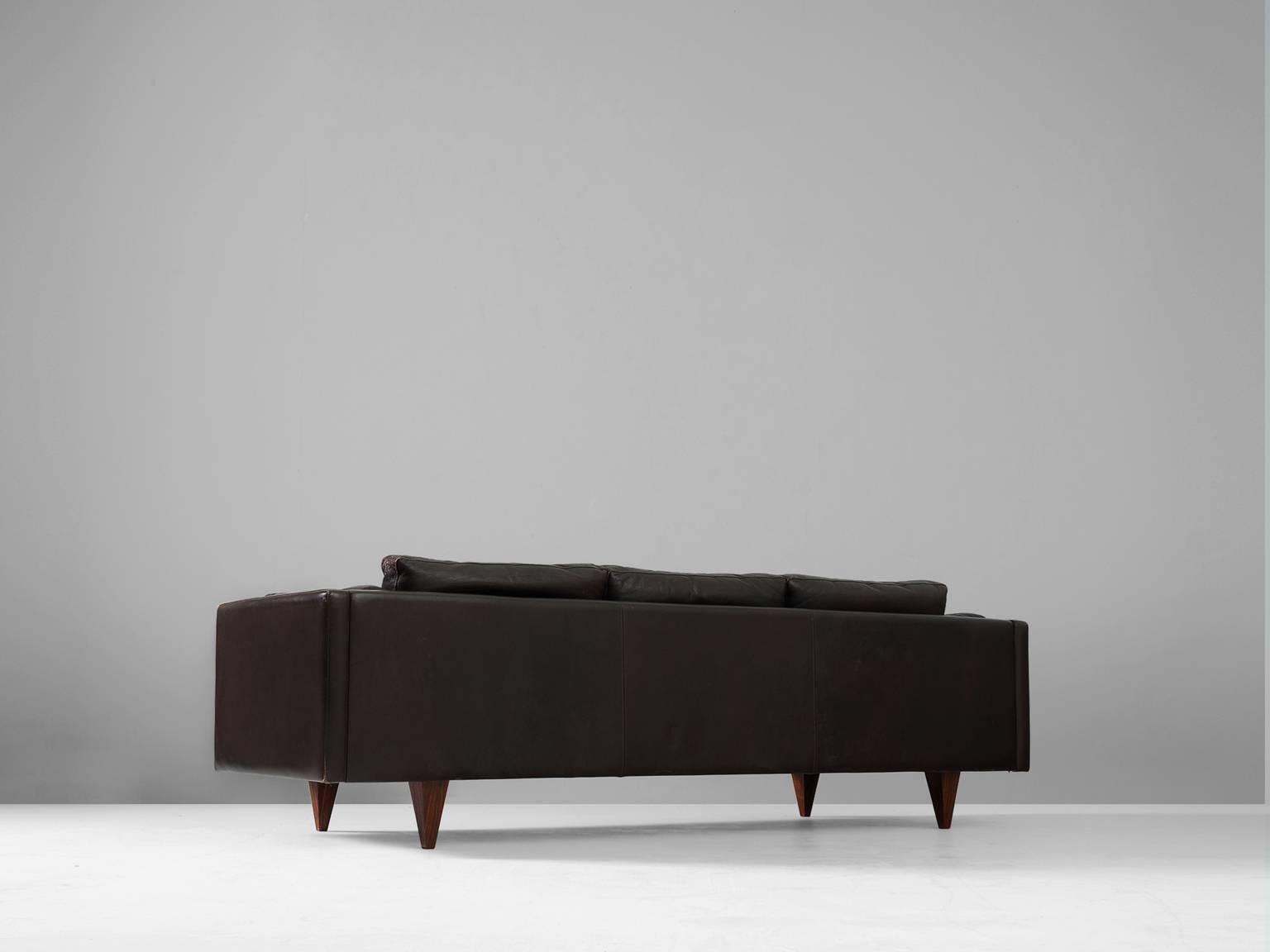 Danish Illum Wikkelsø Brown Leather Three-Seat Sofa