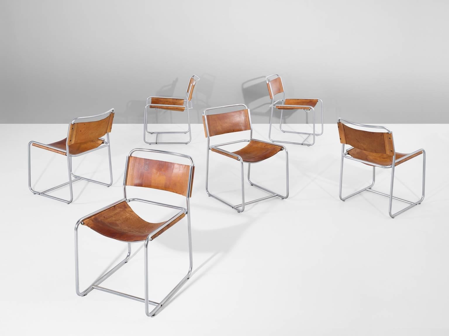 Mid-Century Modern Clair Bataille & Paul Ibens Set of 6 Tubular Chairs in Cognac for 't Spectrum 