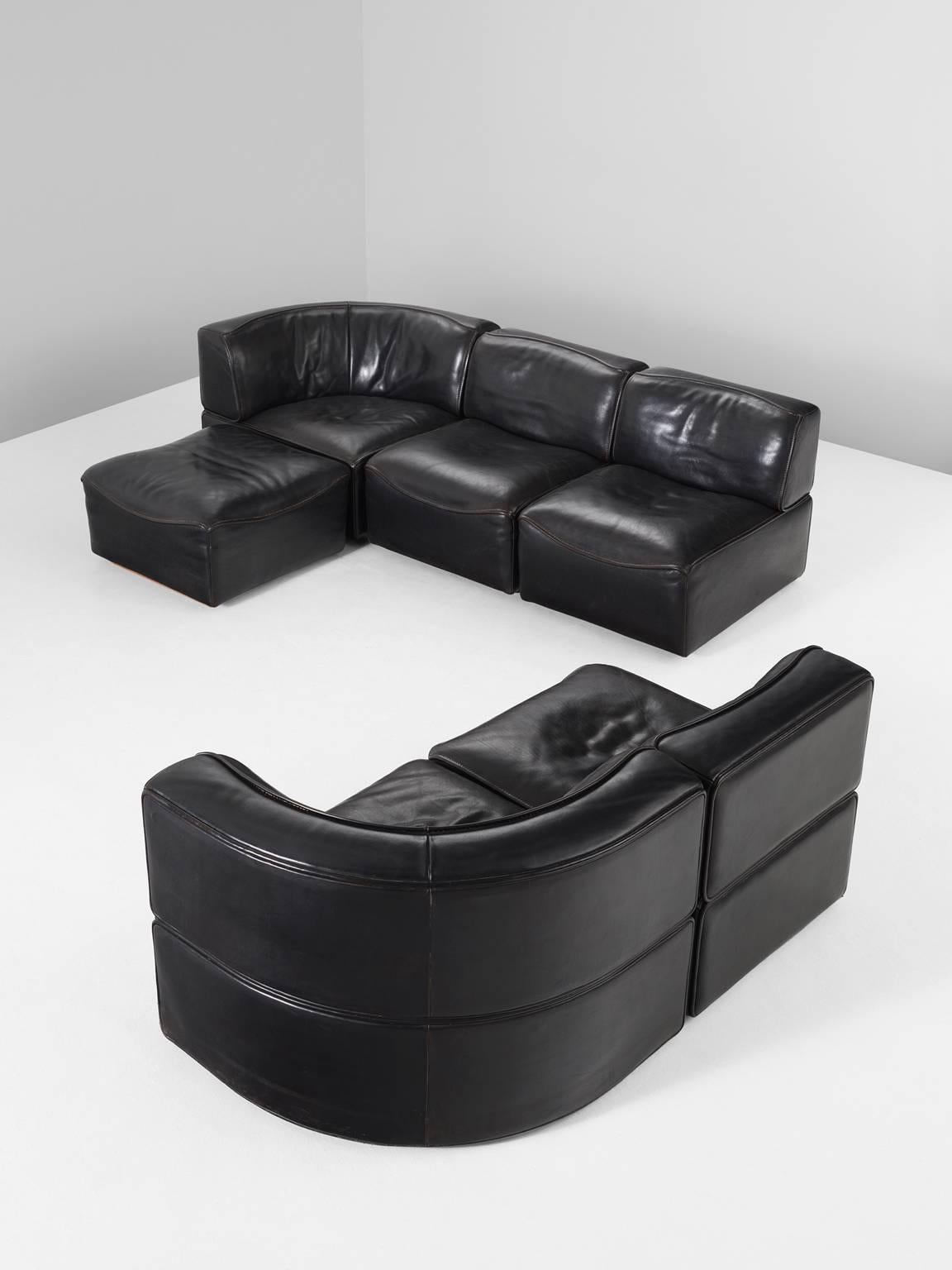 Mid-Century Modern De Sede 'DS-15' Modular Sofa in Black Buffalo Leather