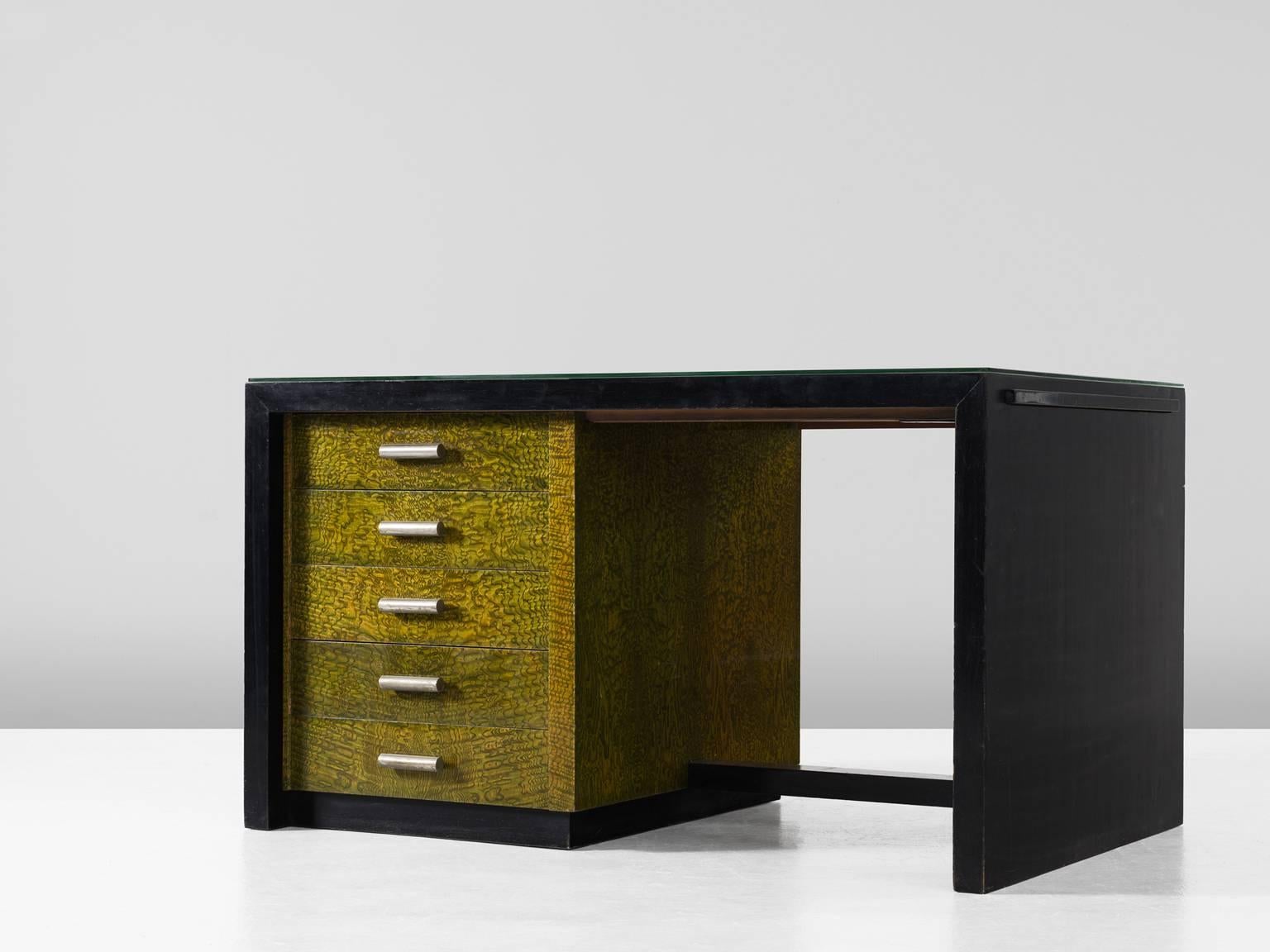 European Late Art Deco Desk in Black and Green Wood with Glass Top