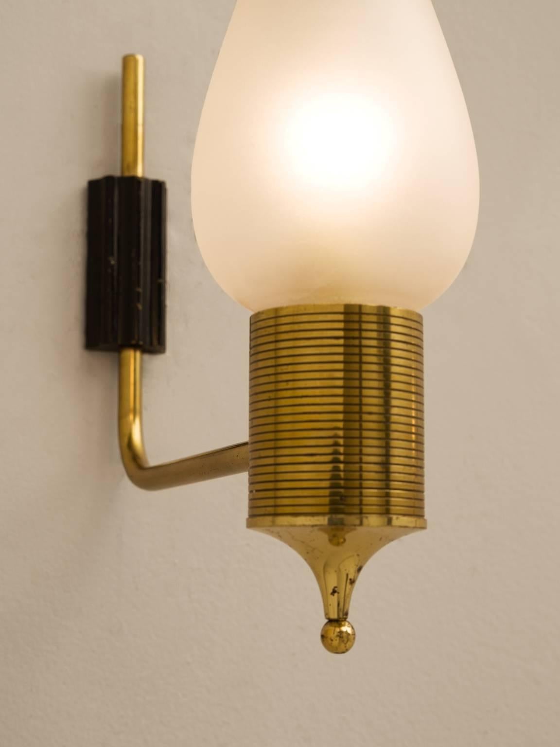 French Maison Arlus Set of Two Brass and Frosted Glass Wall Lights