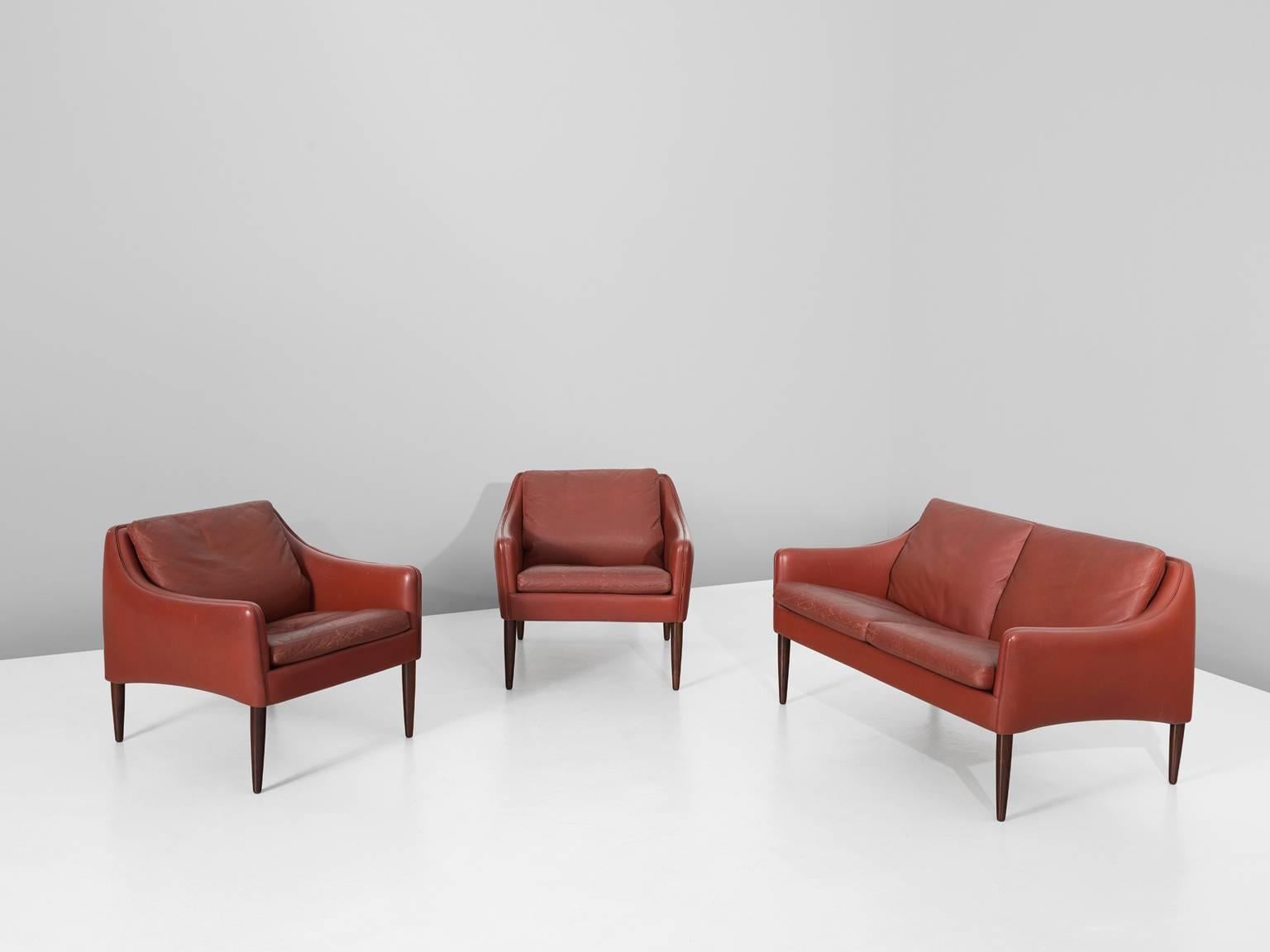 Mid-20th Century Hans Olsen Two-Seat Sofa in Red Leather for CS Møbler