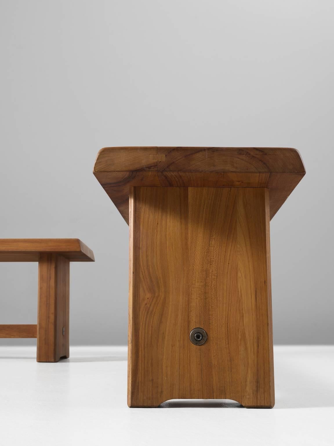 Large (173cm) Pierre Chapo Benches in Solid Elm In Excellent Condition In Waalwijk, NL