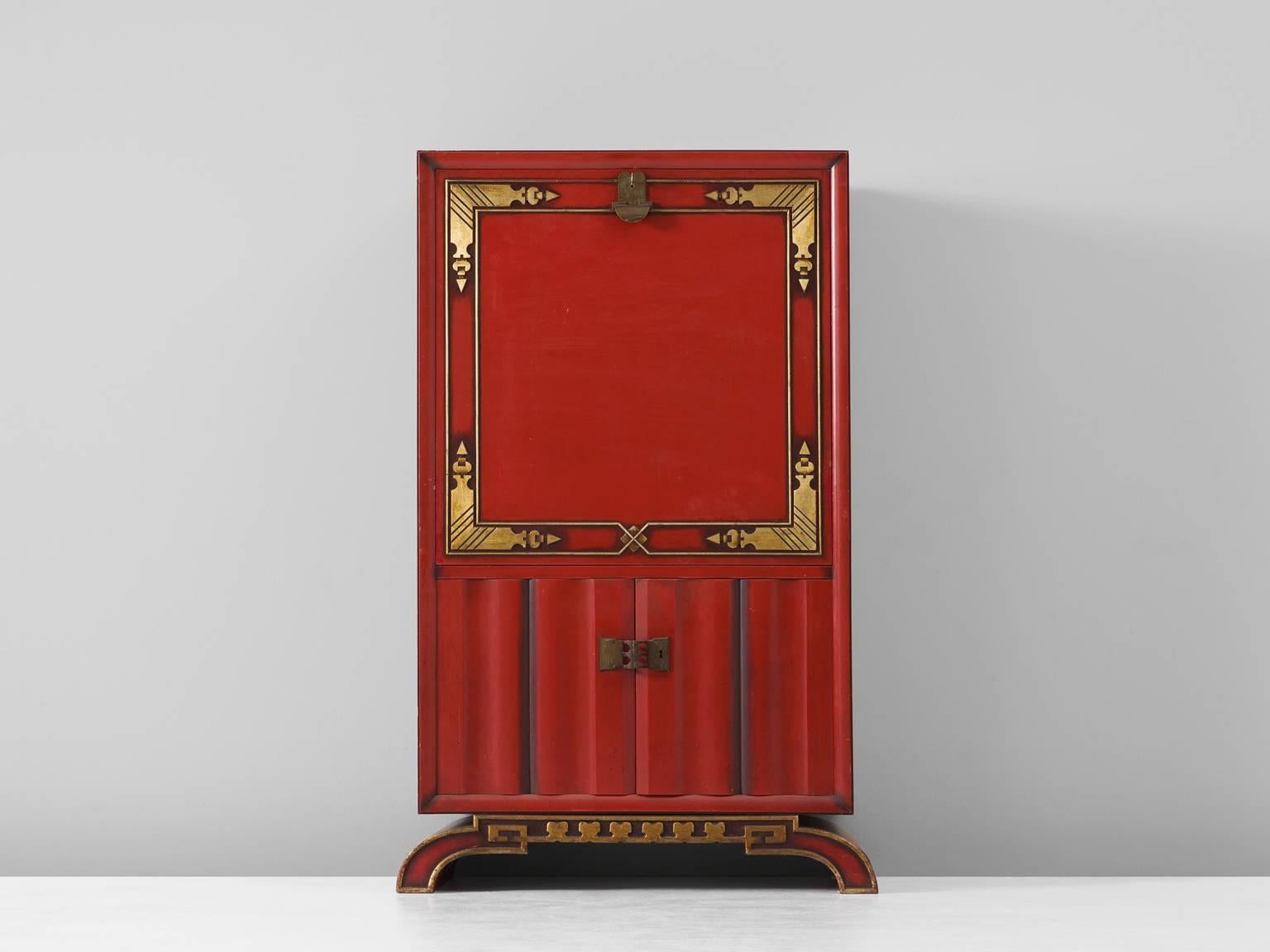 Bar cabinet, in red painted mahogany, walnut, woot, gold-leaf, brass and glass, by Charles van Beerleire, Belgium, 1930s. 

This Chinoiserie Art Deco cabinet is produced in Belgium around the 1930s. The front is decorated with graphical and Oriental