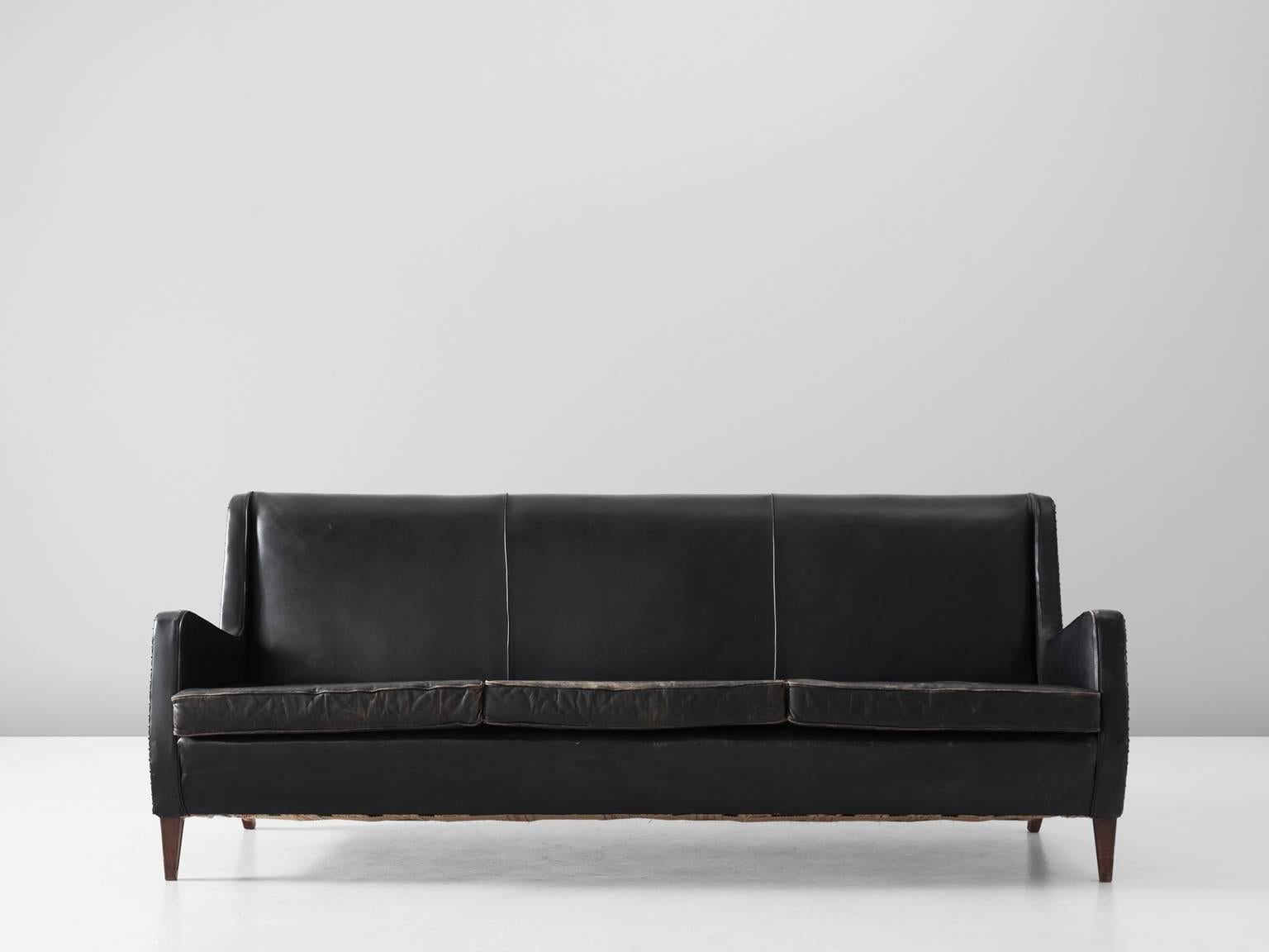 Brass Danish Living-Room Set in Original Black Leather Upholstery