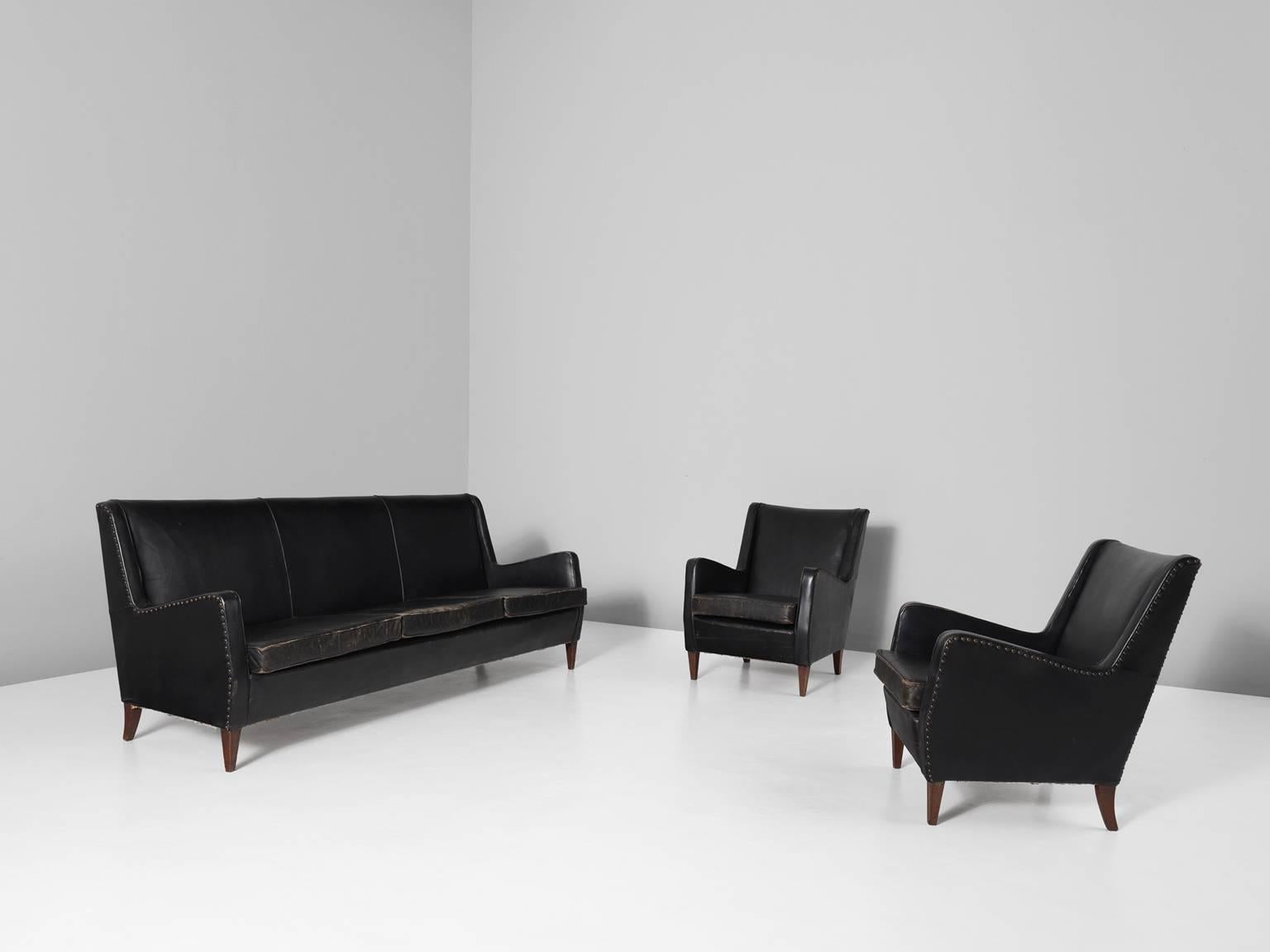 Scandinavian Modern Danish Living-Room Set in Original Black Leather Upholstery