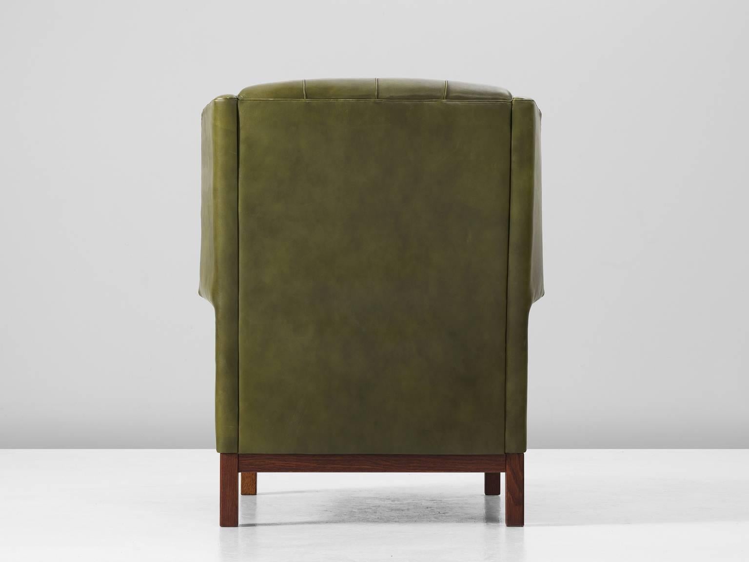 Mid-Century Modern Arne Norell High Back Chair in Patinated Green Buffalo Leather