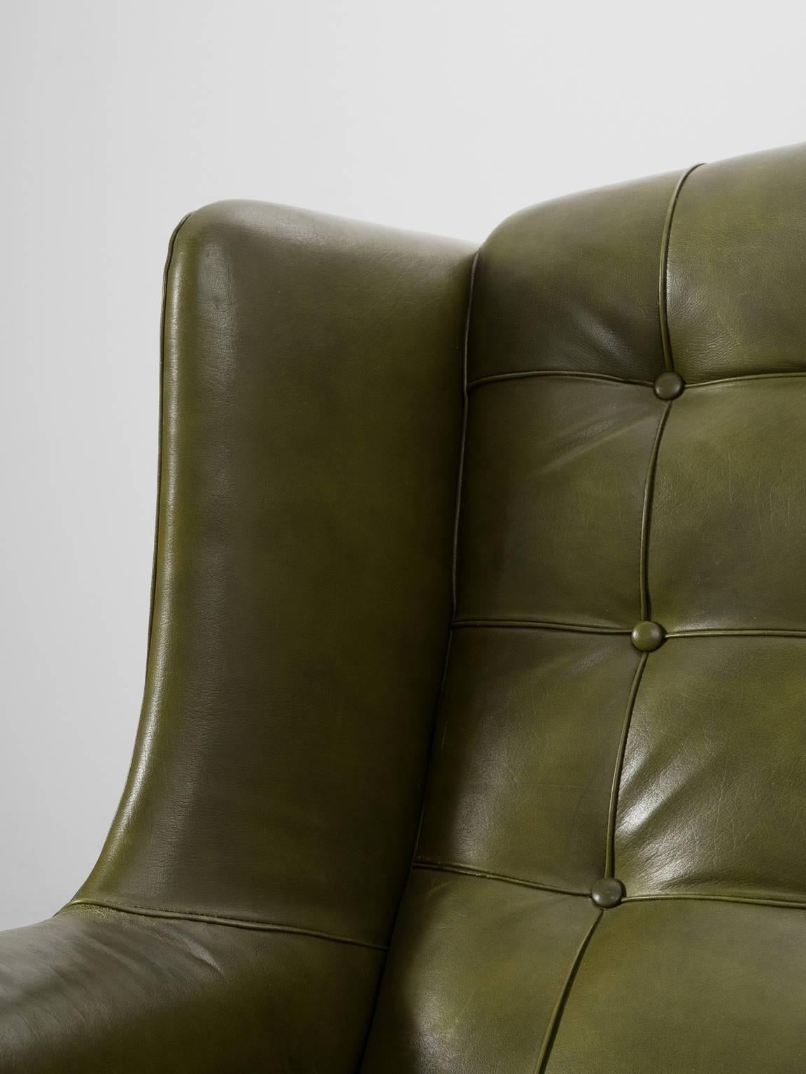 Mid-20th Century Arne Norell High Back Chair in Patinated Green Buffalo Leather