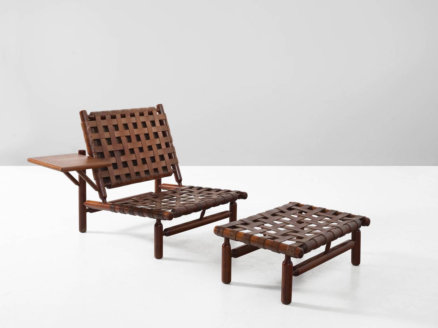 Ilmari Tapiovaara Rare Leather Strap Lounge Chair and Ottoman For Sale
