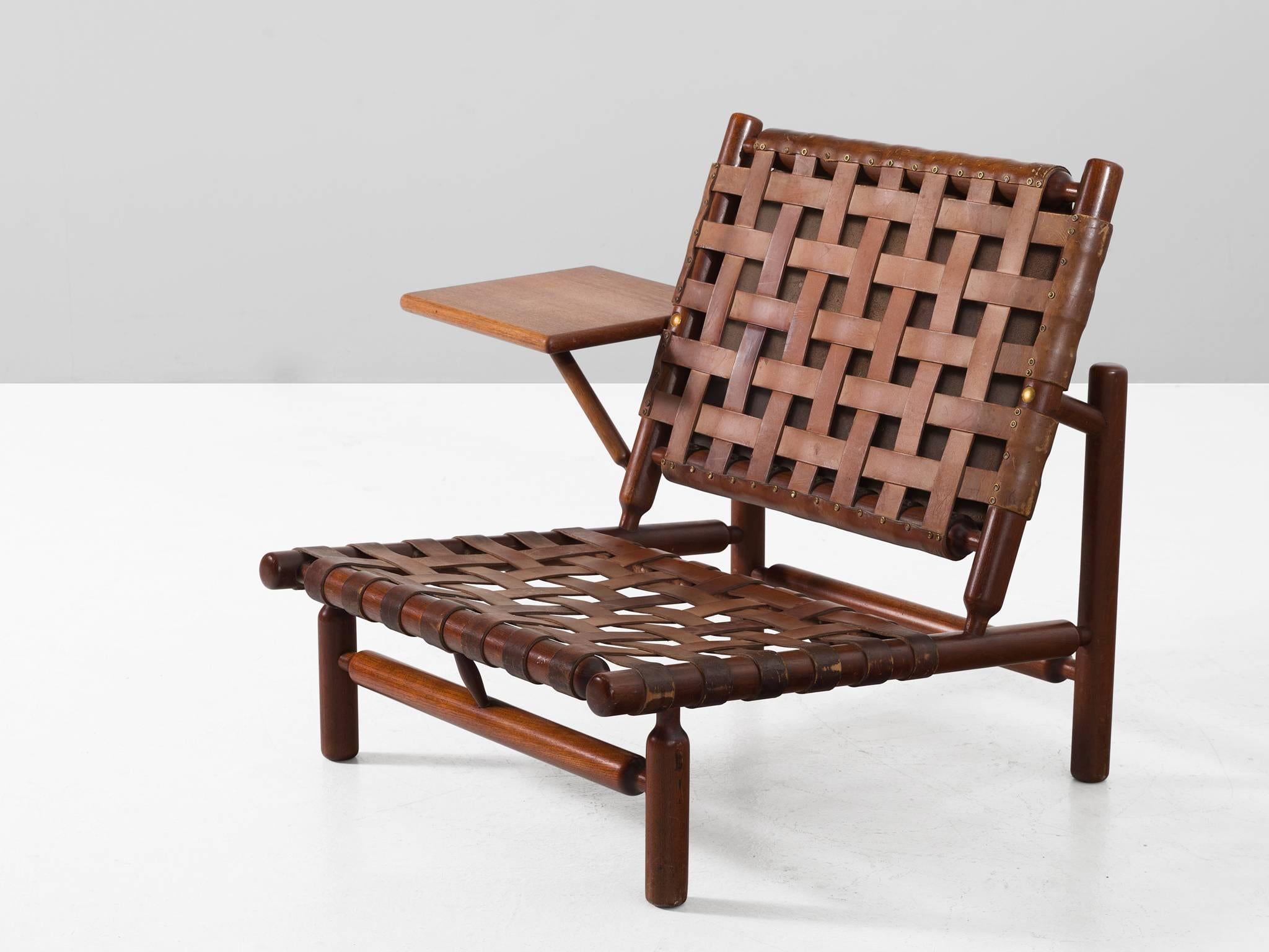 Italian Ilmari Tapiovaara Rare Leather Strap Lounge Chair and Ottoman