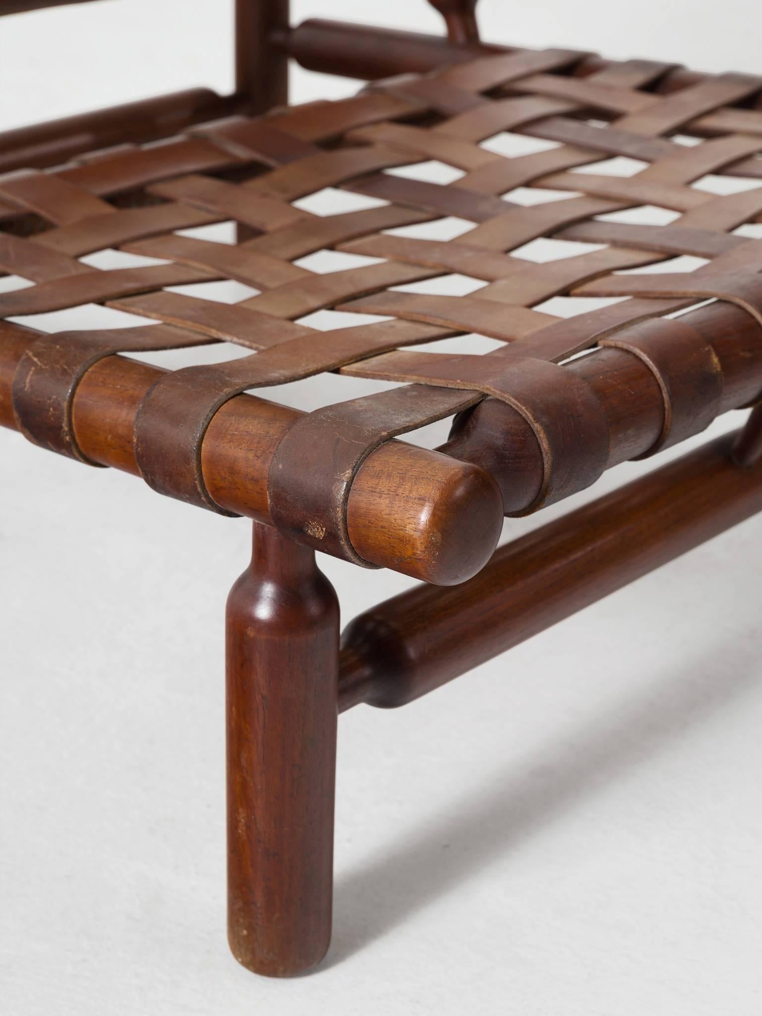 Mid-20th Century Ilmari Tapiovaara Rare Leather Strap Lounge Chair and Ottoman