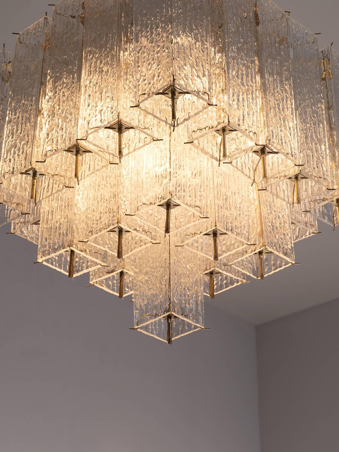 Brass and Structured Glass Chandelier In Excellent Condition In Waalwijk, NL