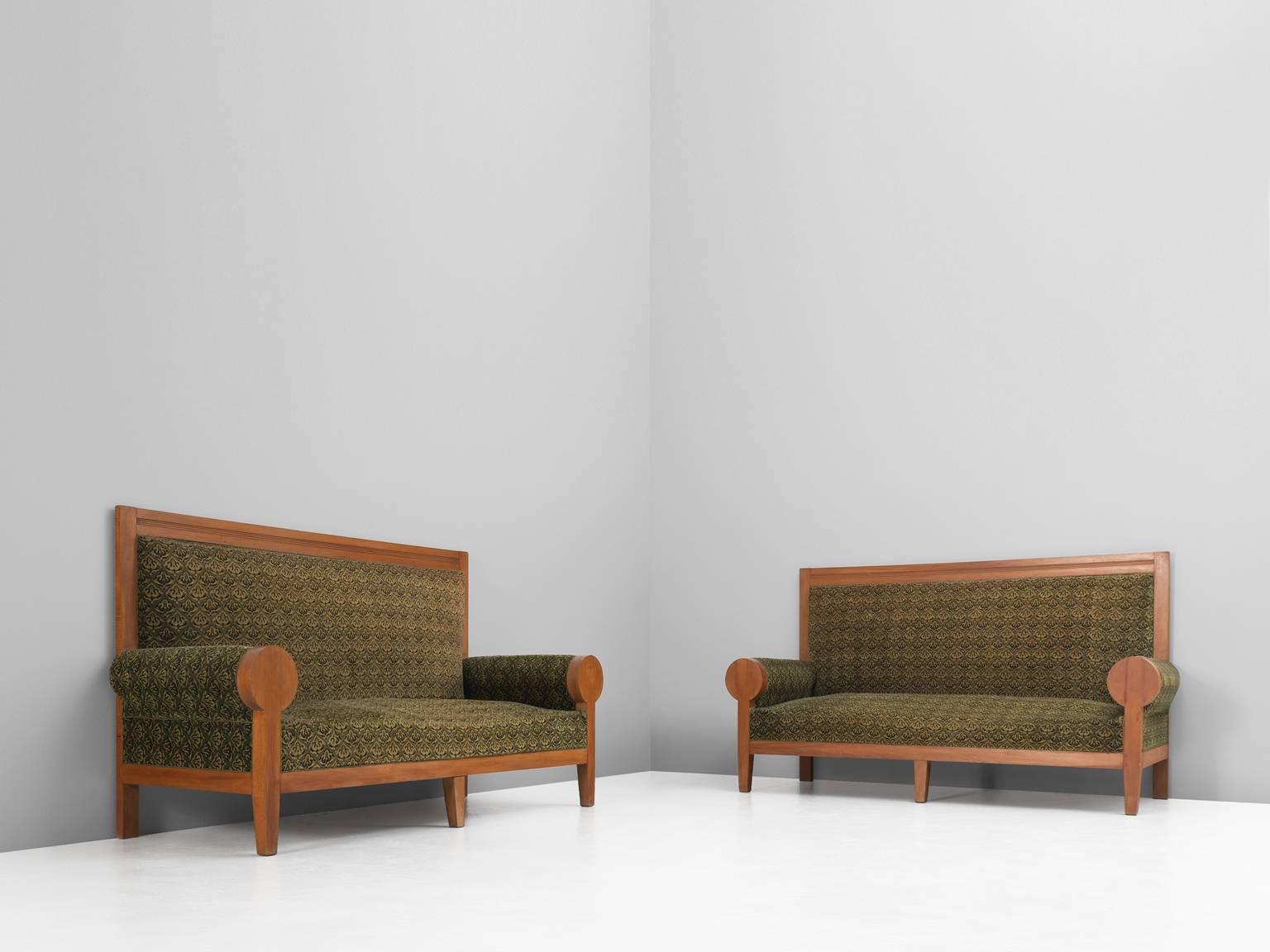 Pair of Italian High Back Armchairs in Green Fabric Upholstery 3
