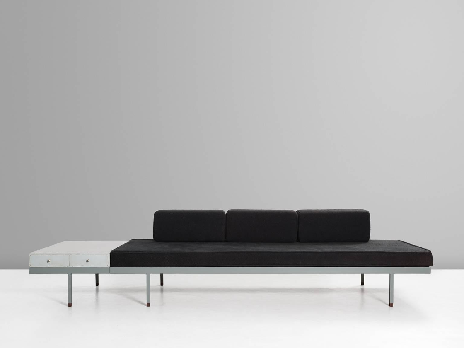 Mid-Century Modern Midcentury Metal Sofa in Black Fabric Upholstery and Integrated Side Table 