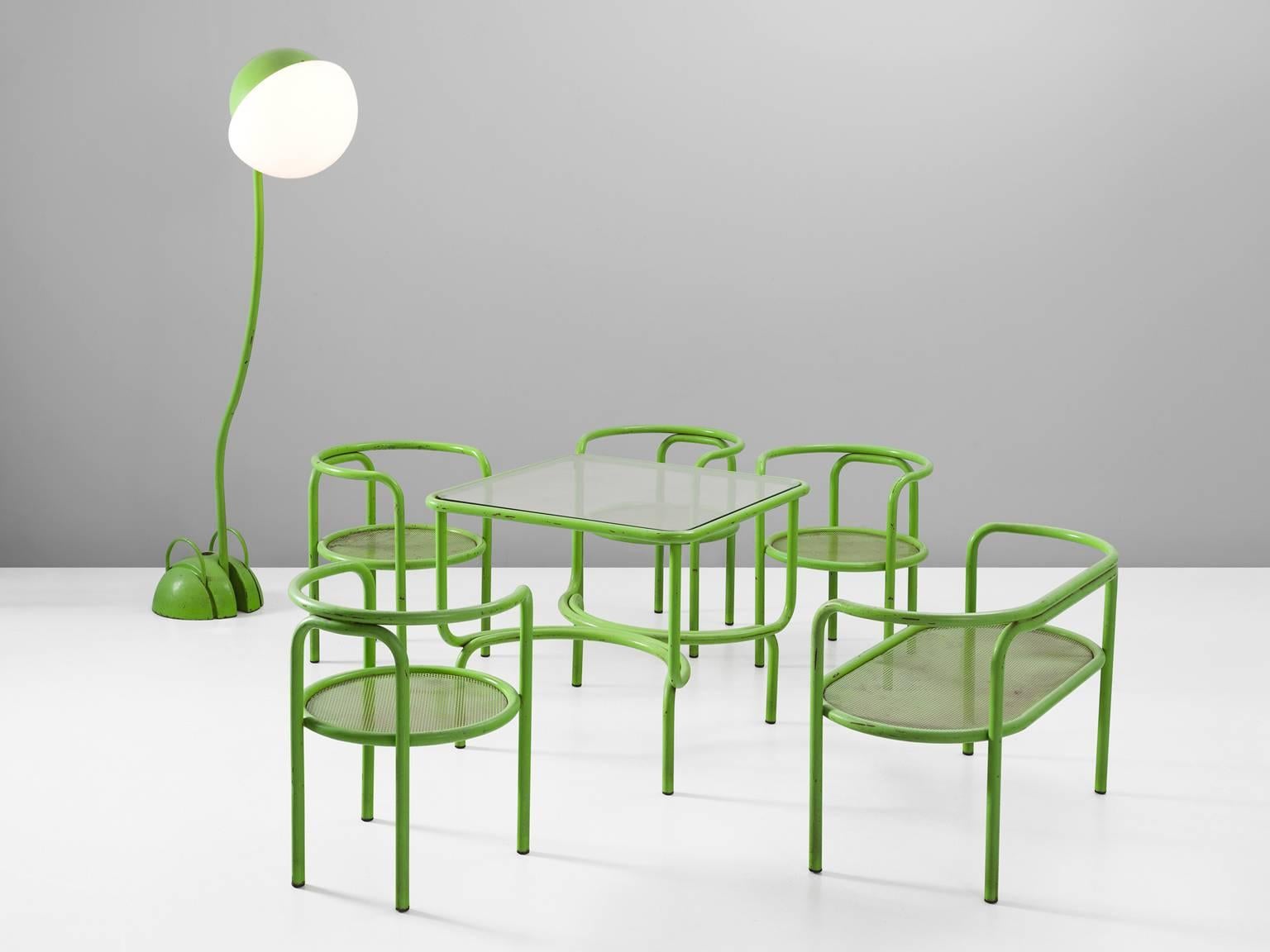 Locus Solus floor lamp, in metal glass, by Gae Aulenti for Poltronova, Italy, 1963.

Large green floor lamp. Part of the complete Locus Solus salon set, which is sold separately. The set consists of four chairs, one bench and one table, the floor