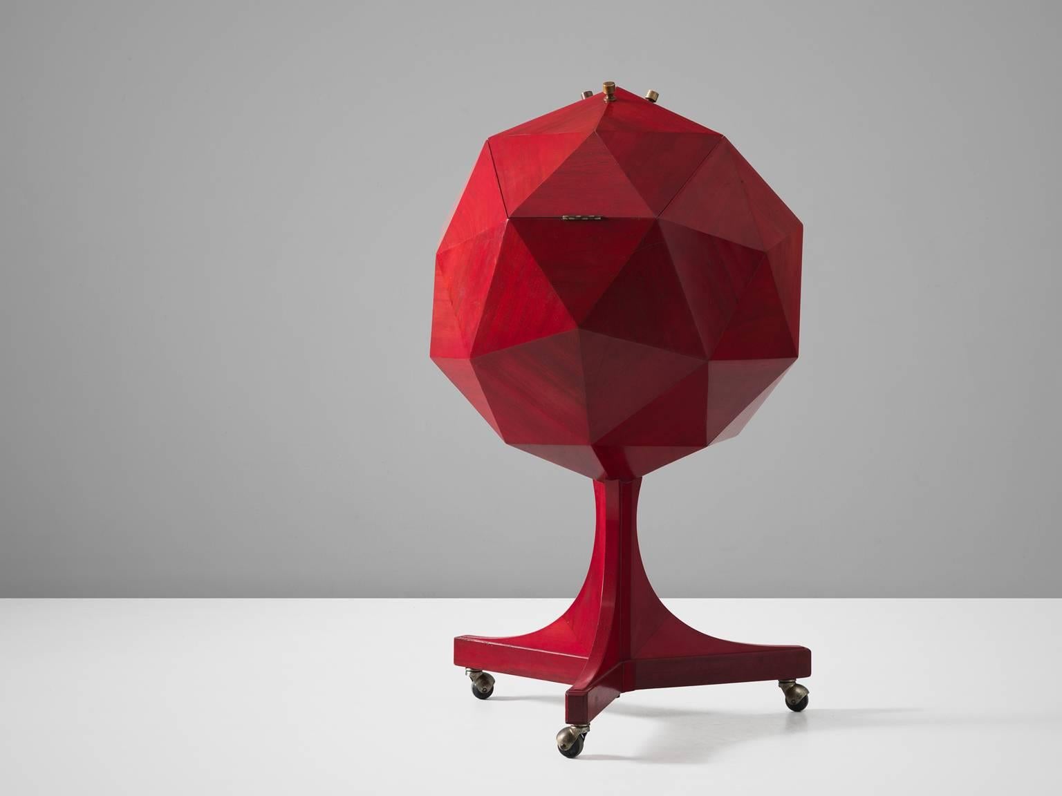 Bar, in walnut, beech, Formica and metal, Attributed to Ico & Luisa Parisi, Italy, 1950s. 

Bright red polygon globe-shaped bar cart in mixed materials. This bar cart has a stunning appearance. It reminds of classical globe shaped dry bars. Yet