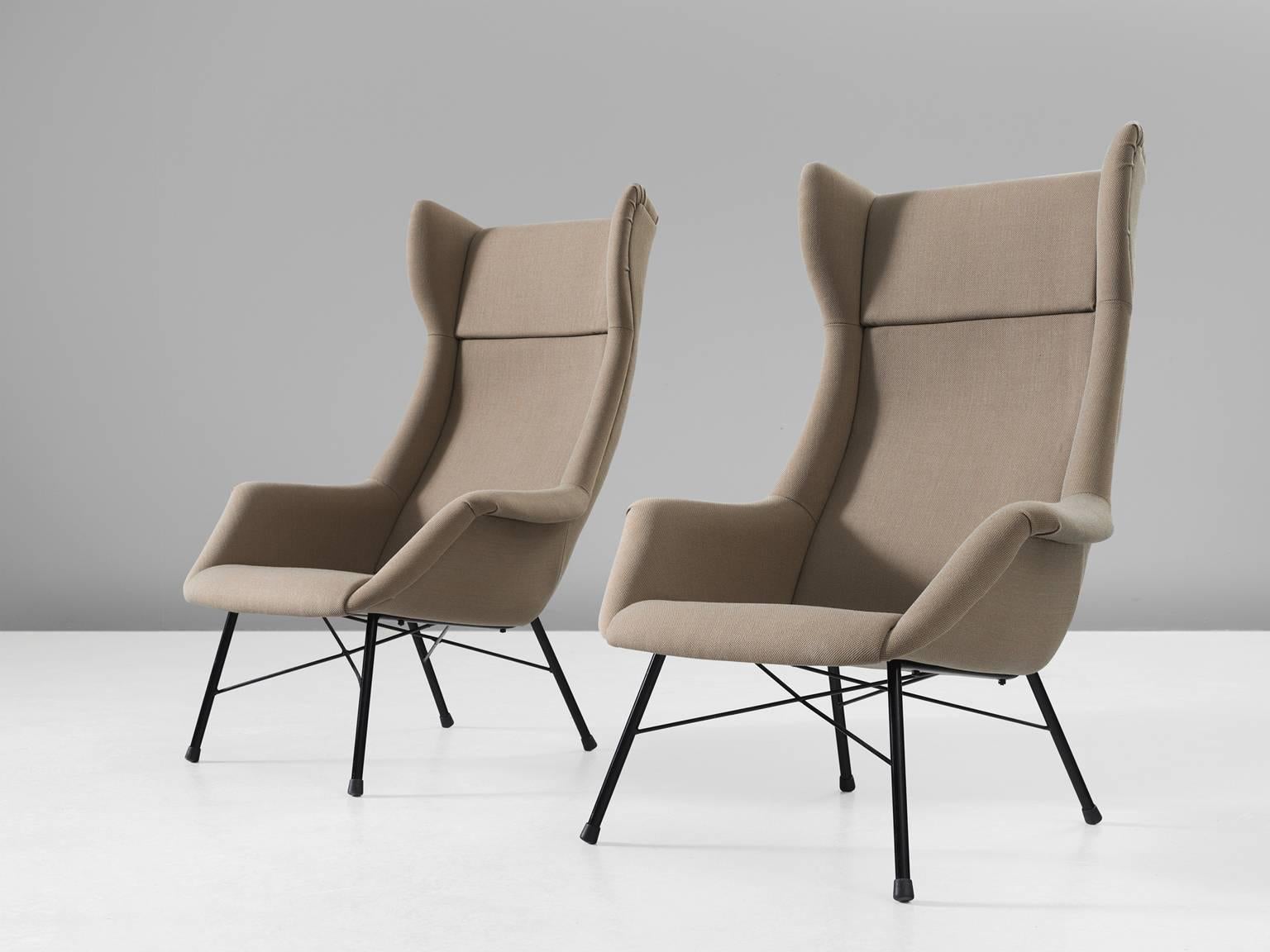 Pair of lounge chairs, in fabric and metal by Miroslav Navratil, Czech Republic, 1960s. 

Modern set of two high back lounge chairs. These chairs have a beautiful shaped shell and interesting metal frame. The shell shows beautiful lines and angles.