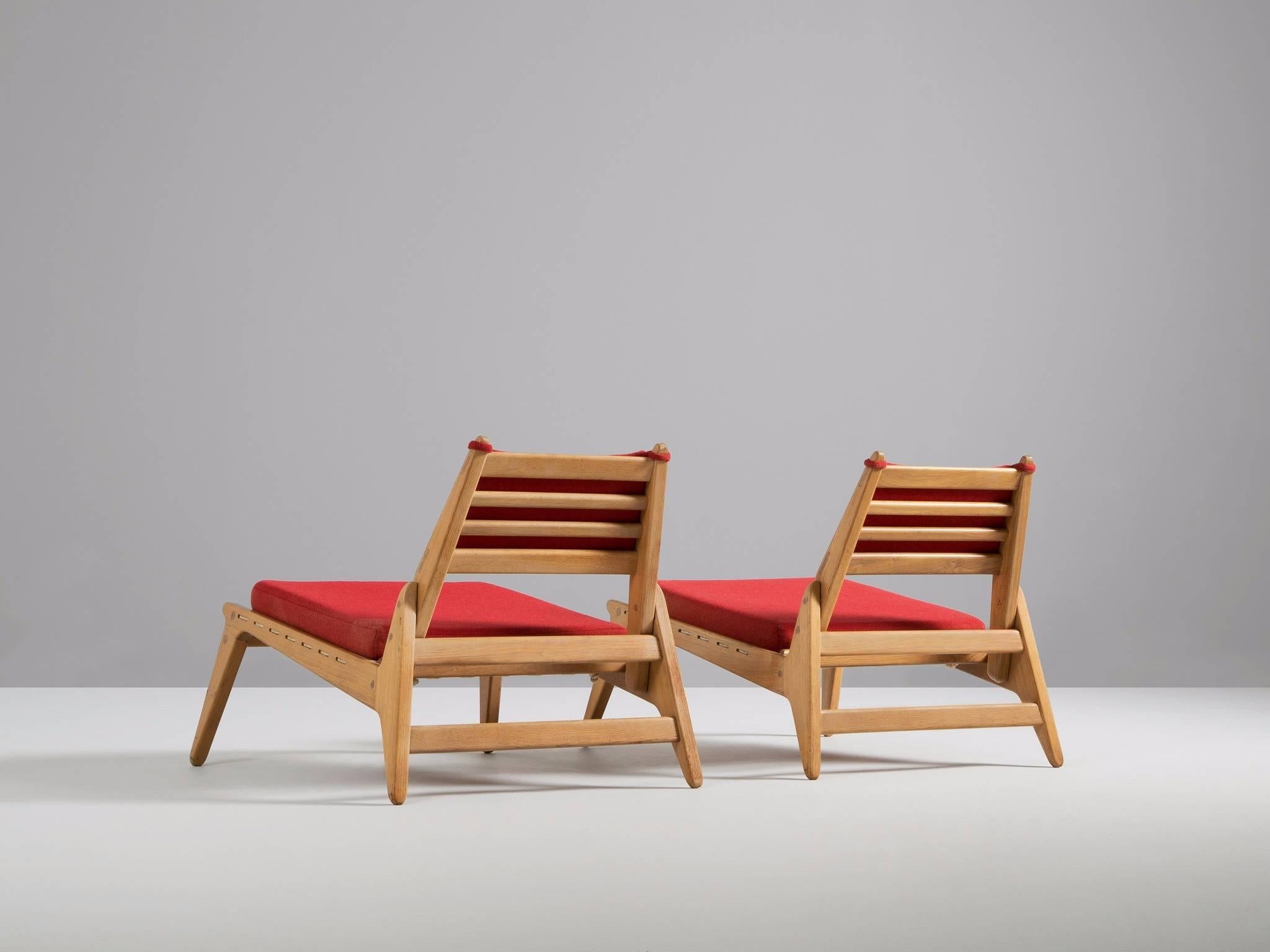 German Pair of Mid-Century Easy Chairs in Oak and Red Fabric Upholstery