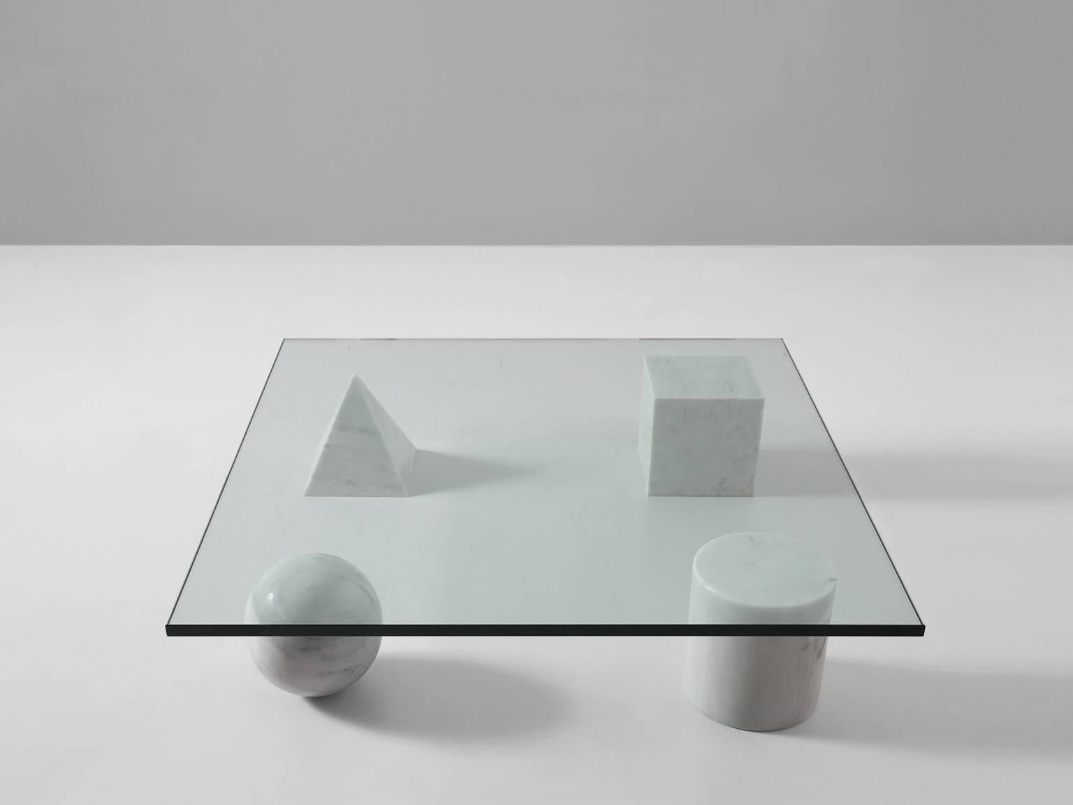 'Metaphora' cocktail table, in glass and marble, by Lella and Massimo Vignelli, Italy, 1970s.

Rare and complete original Metaphora table by Lella and Massimo Vignelli. This table combined out of four primary shapes a cube, a cylinder a ball and a