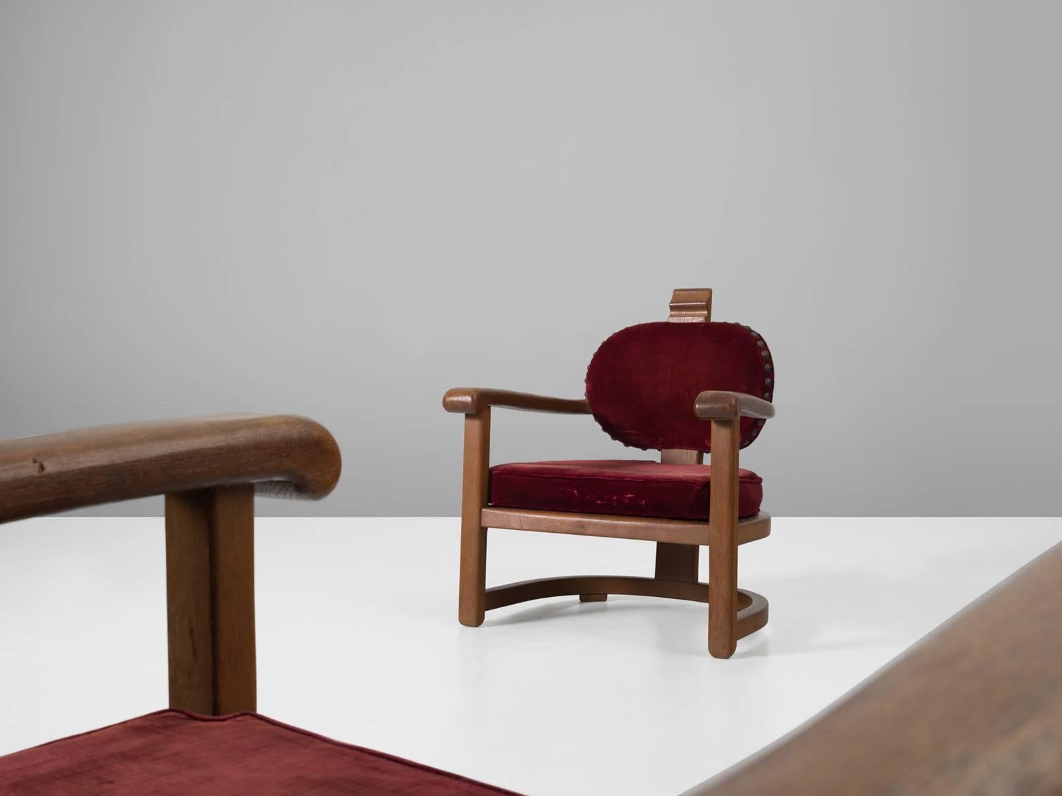 Fabric Set of two Art Deco Lounge Chairs in Solid Oak and Red Upholstery