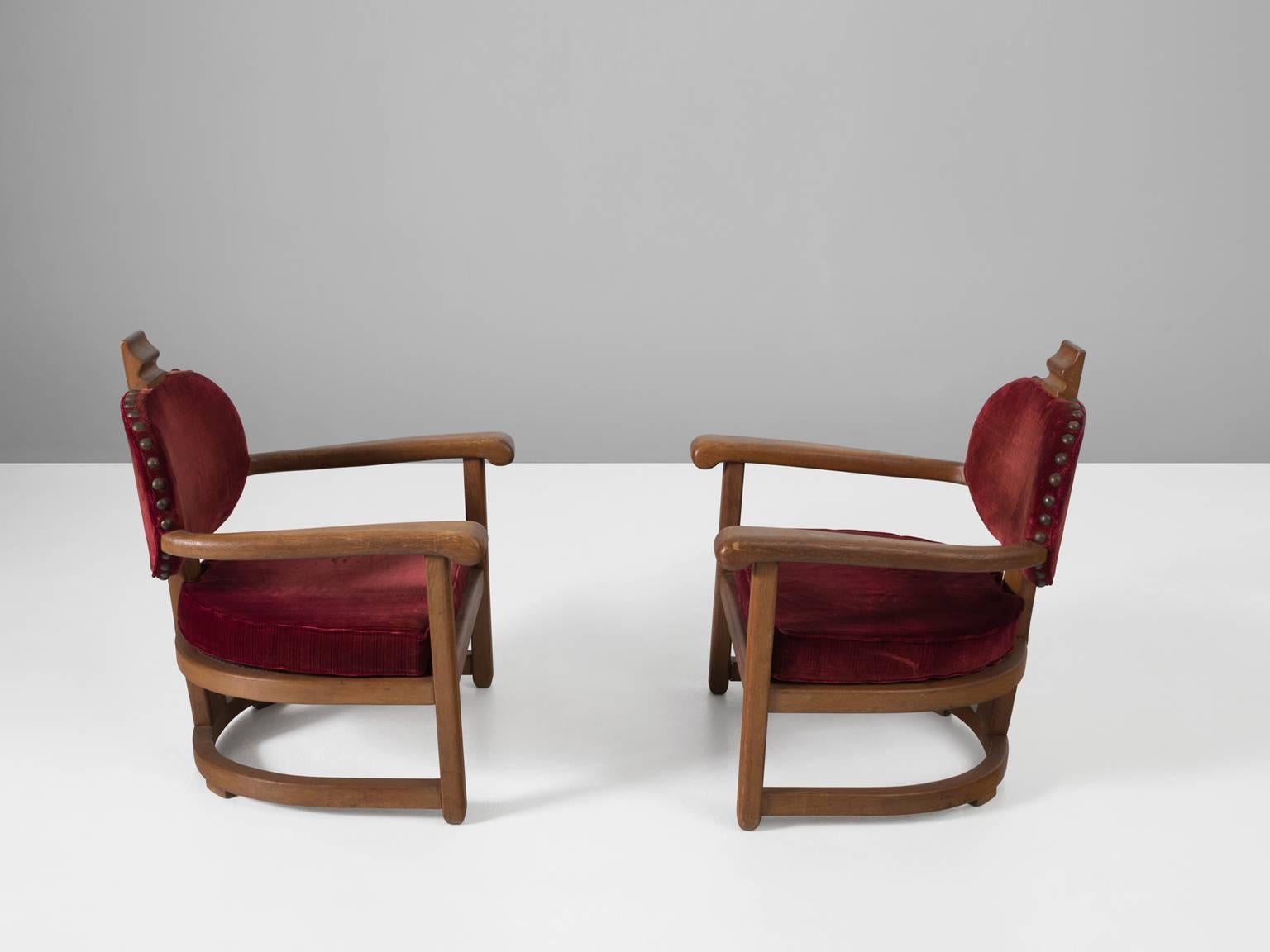 European Set of two Art Deco Lounge Chairs in Solid Oak and Red Upholstery