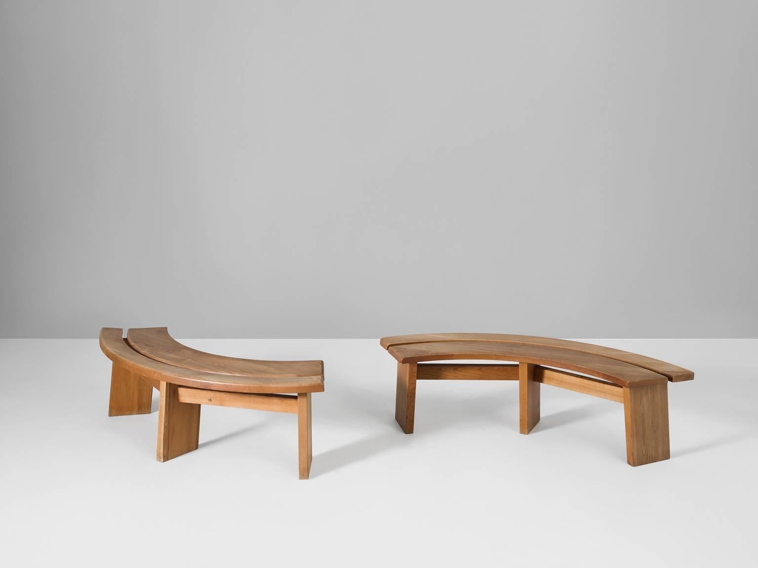 Mid-Century Modern Pierre Chapo Set of Two Curved Benches in Solid Elm