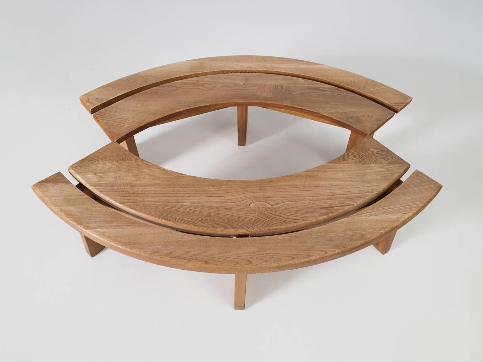 Pierre Chapo Set of Two Curved Benches in Solid Elm In Excellent Condition In Waalwijk, NL