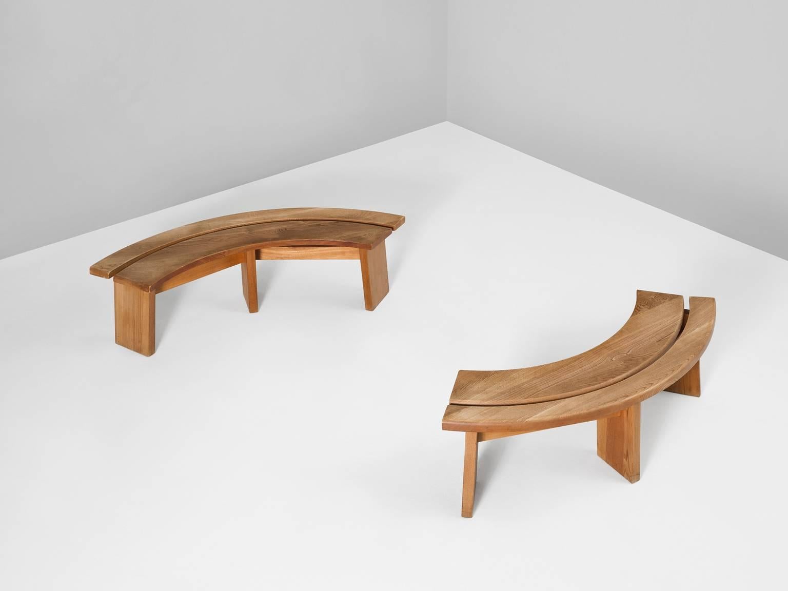 Set of two benches, in elm, by Pierre Chapo, France, 1960s. 

Set of two elegantly curved benches. Made of solid elmwood. A soft all-over patina is visible on the wood. This emphasizes the natural expression of these items. These benches are