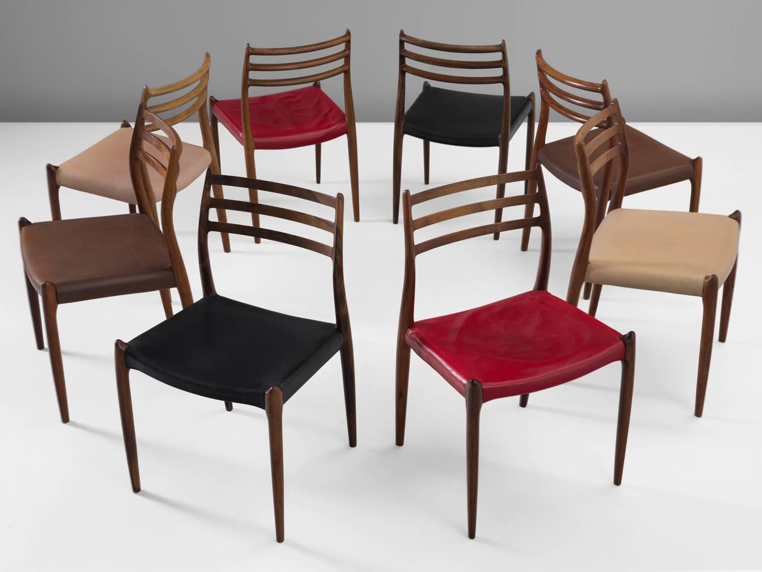 Set of 16 chairs, in rosewood and leather by Niels Otto Møller, for J.L. Møllers Møbelfabrik, Denmark 1960s.

Large set of rosewood dining chairs with different upholsteries, model without armrests. This design, 'model nr. 62', is by far one of