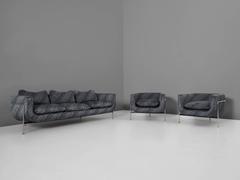 French Living Room Set in Grey-Blue Fabric Upholstery